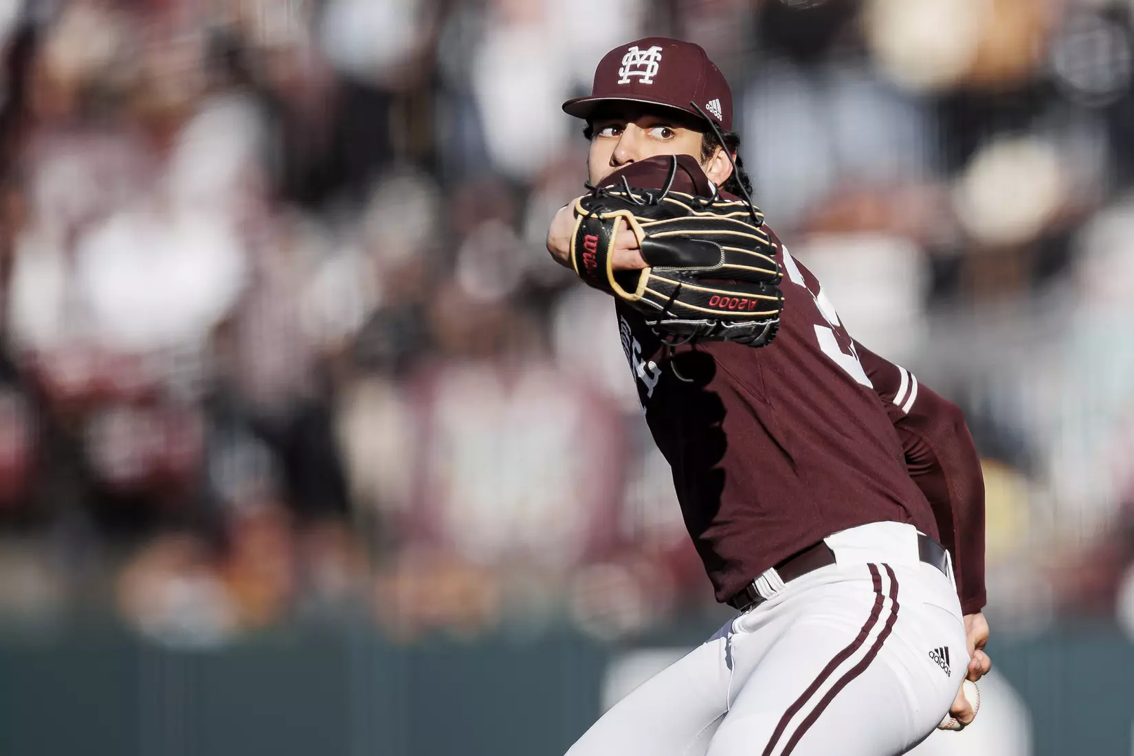 STARKVILLE, MS - February 18, 2022 - Mississippi State Pitcher Parker Stinnett (#32) during the game between the Long Beach State Dirtbags and the Mississippi State Bulldogs at Dudy Noble Field at Polk-Dement Stadium in Starkville, MS. Photo By Austin Perryman
