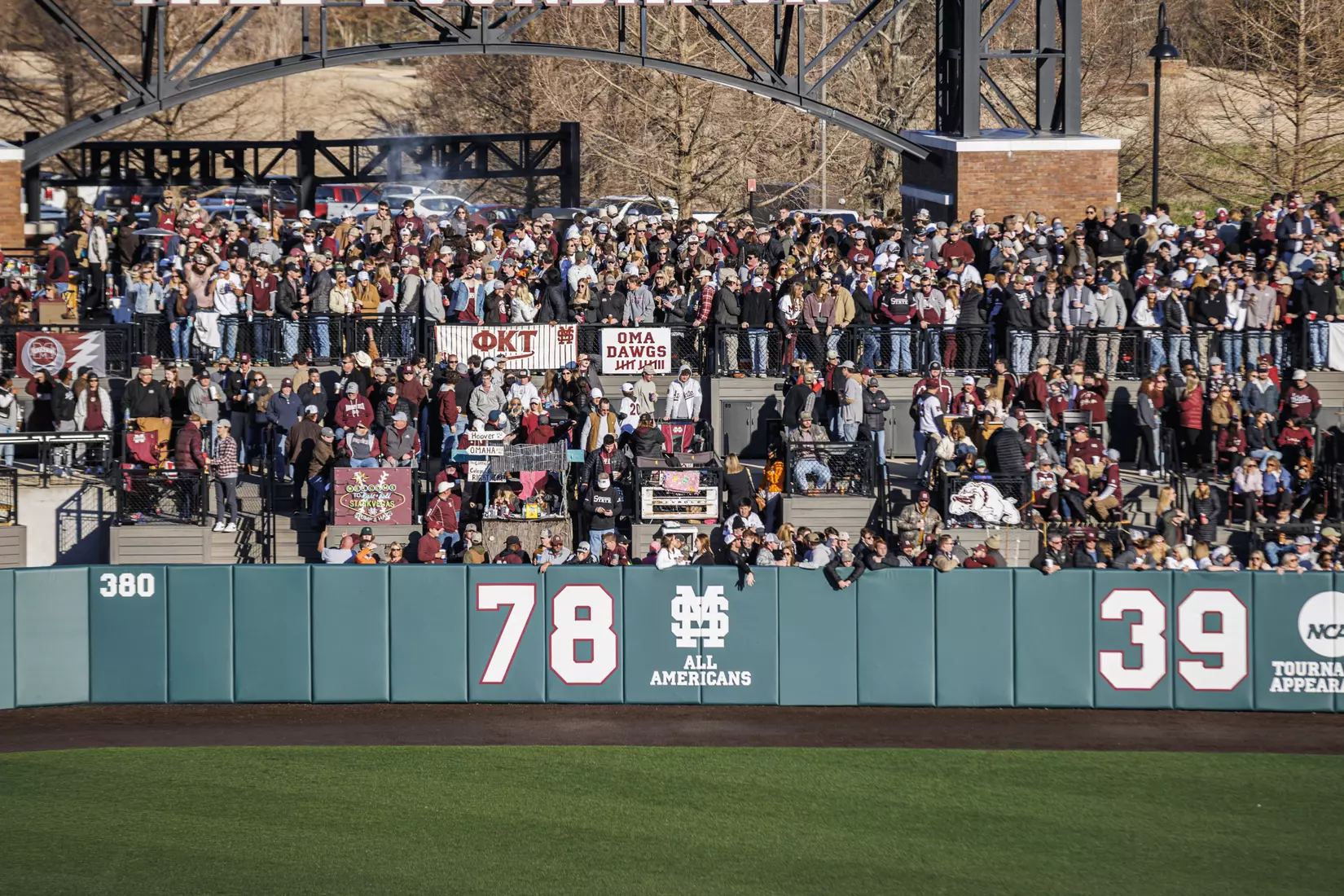 STARKVILLE, MS - February 18, 2022 - Mississippi State Fans in outfield rigs during the game between the Long Beach State Dirtbags and the Mississippi State Bulldogs at Dudy Noble Field at Polk-Dement Stadium in Starkville, MS. Photo By Austin Perryman