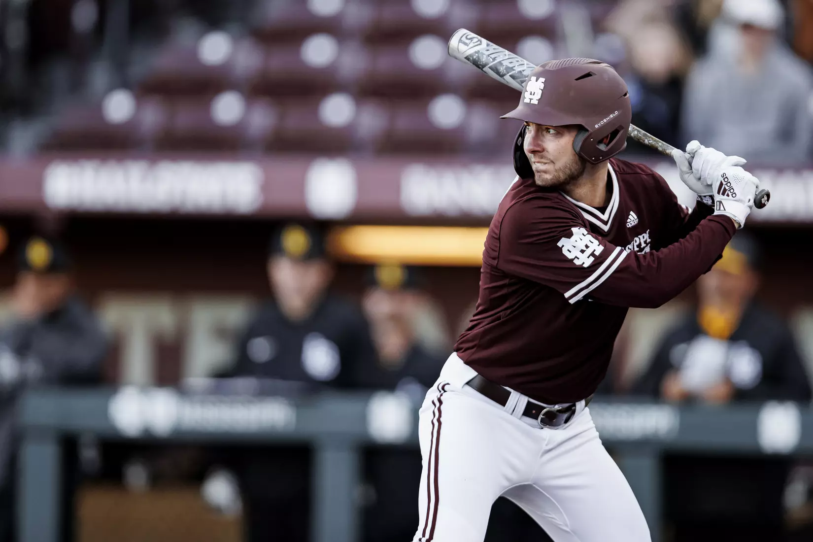 STARKVILLE, MS - February 18, 2022 - Mississippi State Outfielder Drew McGowan (#8) during the game between the Long Beach State Dirtbags and the Mississippi State Bulldogs at Dudy Noble Field at Polk-Dement Stadium in Starkville, MS. Photo By Austin Perryman