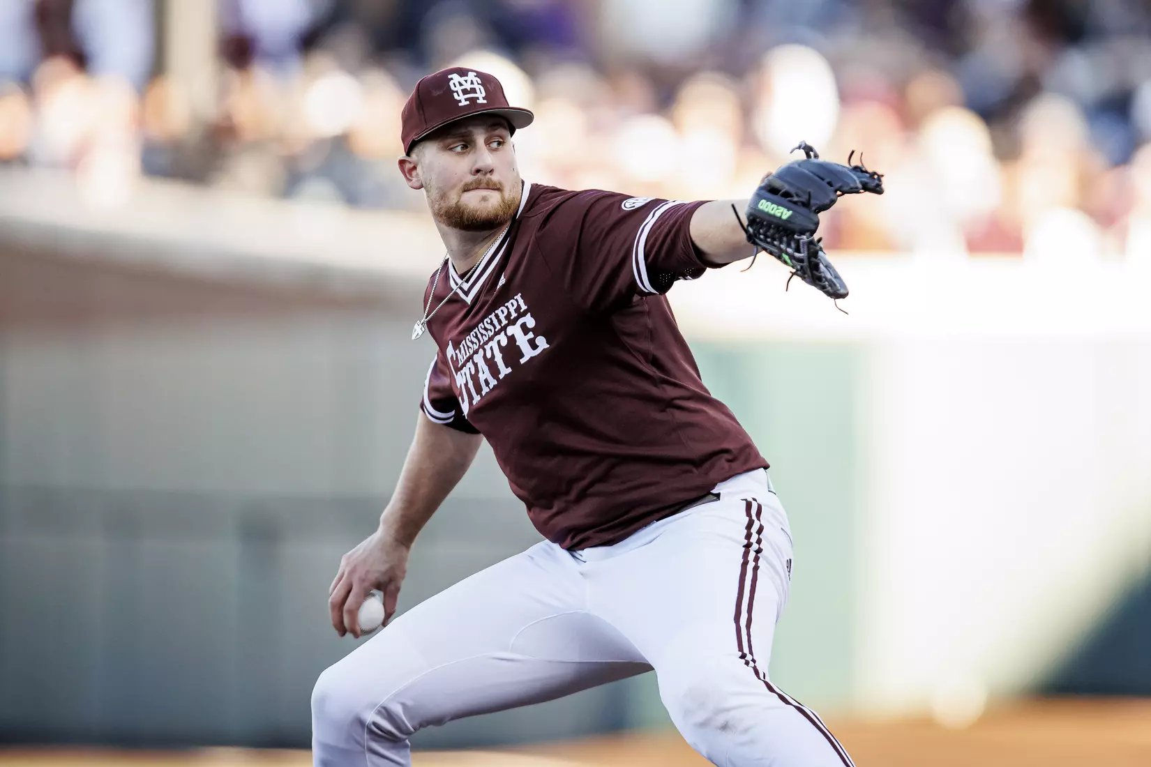 STARKVILLE, MS - February 18, 2022 - Mississippi State Pitcher Stone Simmons (#17) during the game between the Long Beach State Dirtbags and the Mississippi State Bulldogs at Dudy Noble Field at Polk-Dement Stadium in Starkville, MS. Photo By Austin Perryman