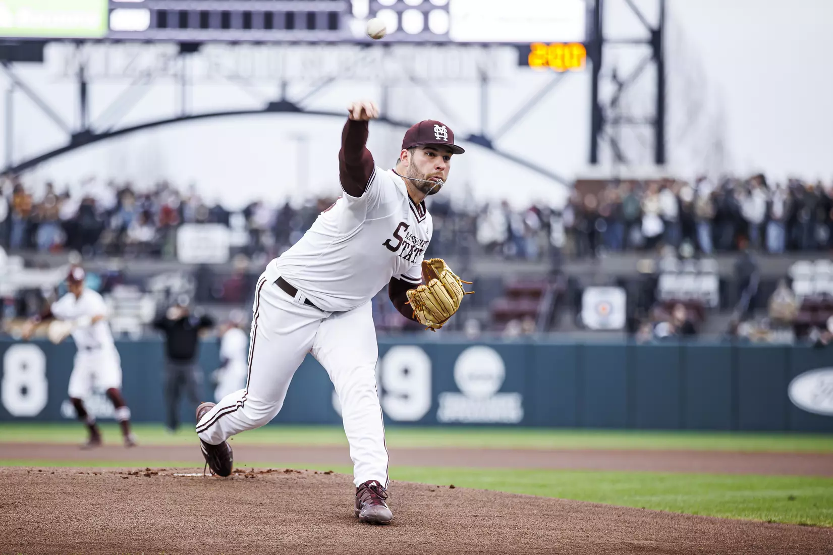 STARKVILLE, MS - February 26, 2022 - Mississippi State Pitcher Preston Johnson (#35) during the game between the Northern Kentucky Norse and the Mississippi State Bulldogs at Dudy Noble Field at Polk-Dement Stadium in Starkville, MS. Photo By Kevin Snyder