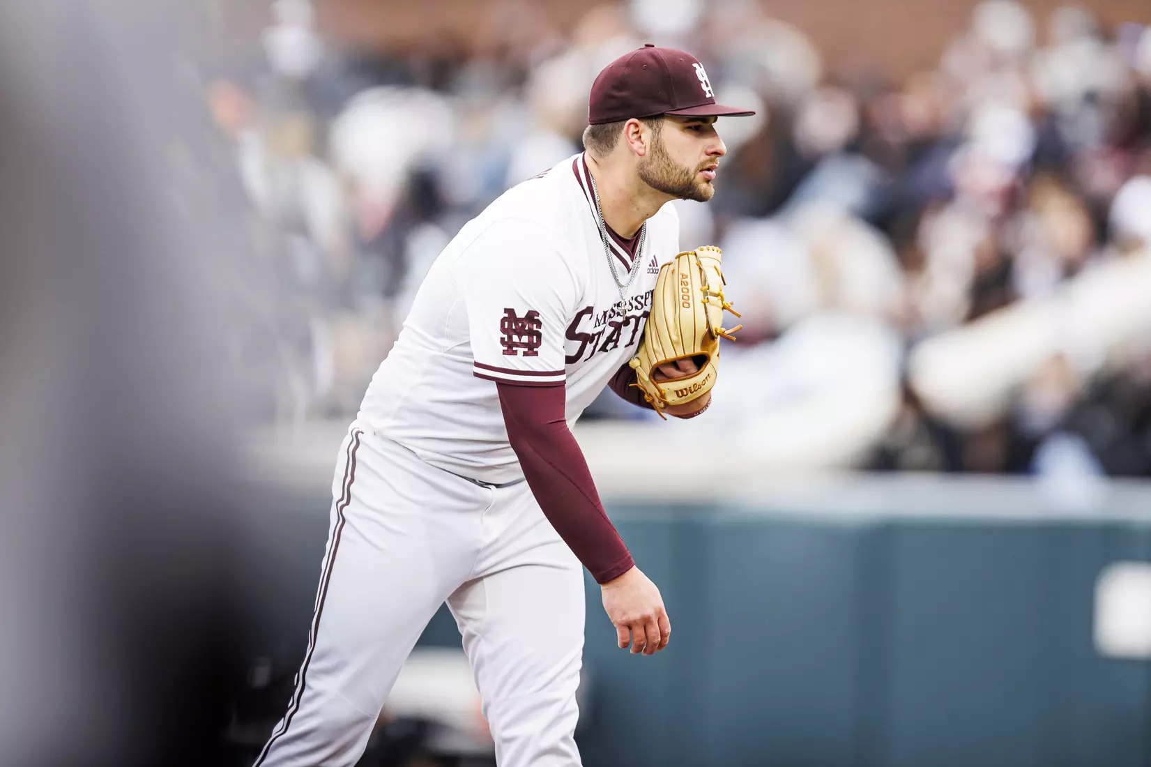 STARKVILLE, MS - February 26, 2022 - Mississippi State Pitcher Preston Johnson (#35) during the game between the Northern Kentucky Norse and the Mississippi State Bulldogs at Dudy Noble Field at Polk-Dement Stadium in Starkville, MS. Photo By Kevin Snyder