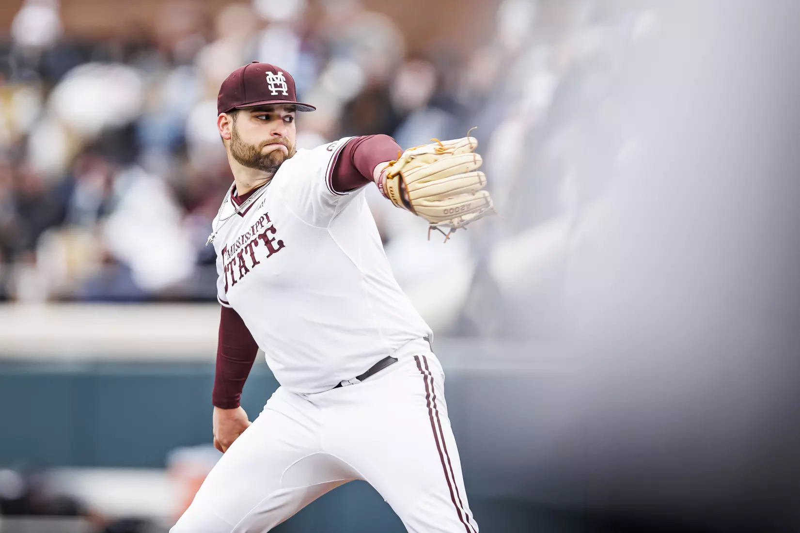 STARKVILLE, MS - February 26, 2022 - Mississippi State Pitcher Preston Johnson (#35) during the game between the Northern Kentucky Norse and the Mississippi State Bulldogs at Dudy Noble Field at Polk-Dement Stadium in Starkville, MS. Photo By Kevin Snyder