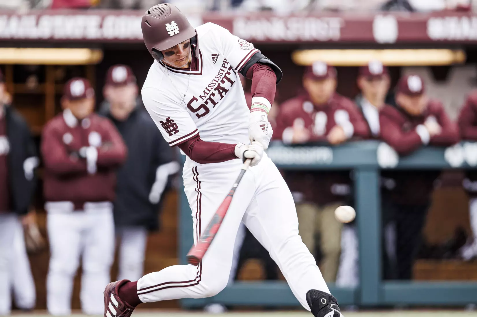 STARKVILLE, MS - February 26, 2022 - Mississippi State Outfielder Brad Cumbest (#33) hits a home run during the game between the Northern Kentucky Norse and the Mississippi State Bulldogs at Dudy Noble Field at Polk-Dement Stadium in Starkville, MS. Photo By Kevin Snyder