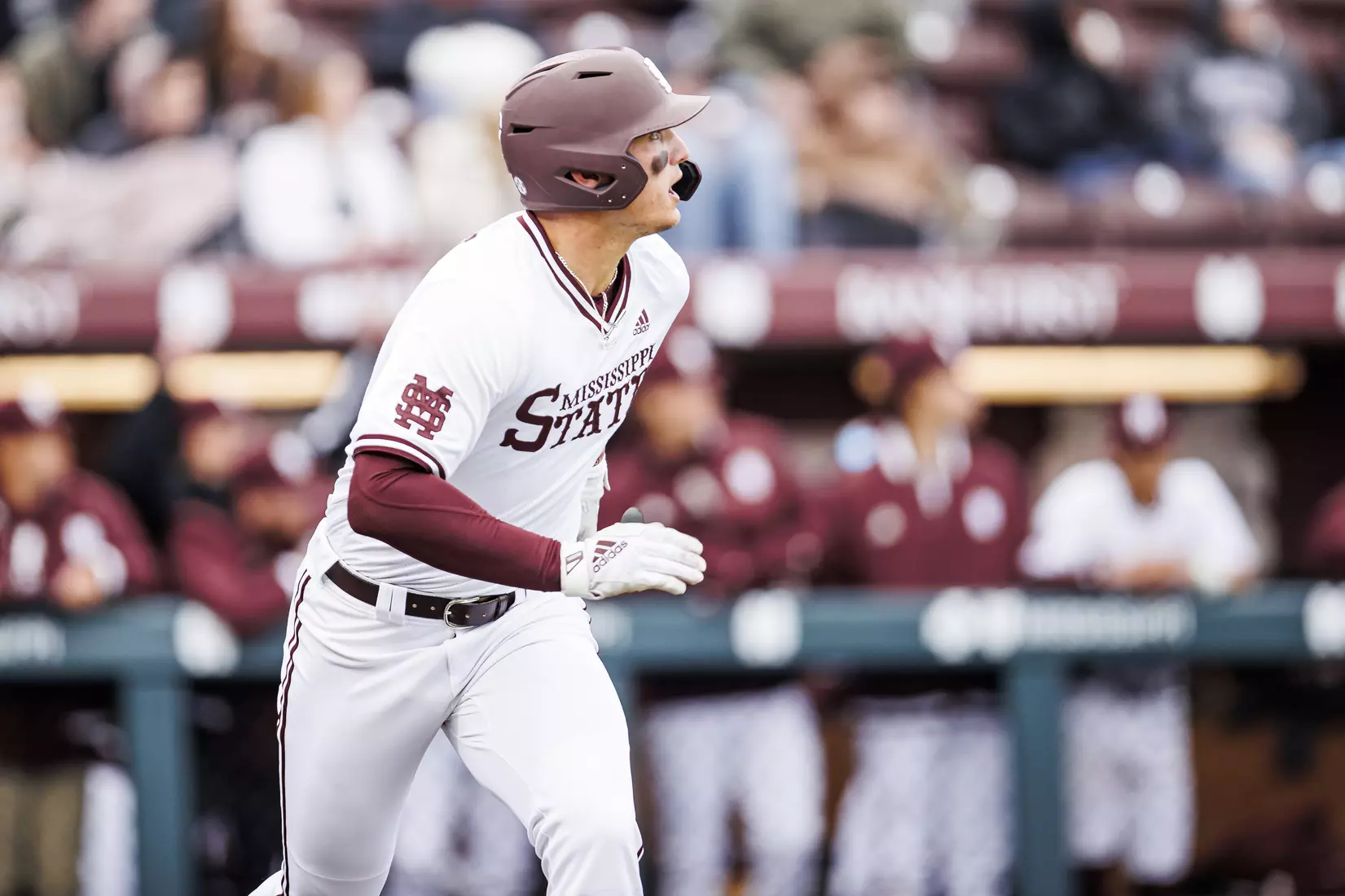 STARKVILLE, MS - February 26, 2022 - Mississippi State Outfielder Brad Cumbest (#33) hits a home run during the game between the Northern Kentucky Norse and the Mississippi State Bulldogs at Dudy Noble Field at Polk-Dement Stadium in Starkville, MS. Photo By Kevin Snyder