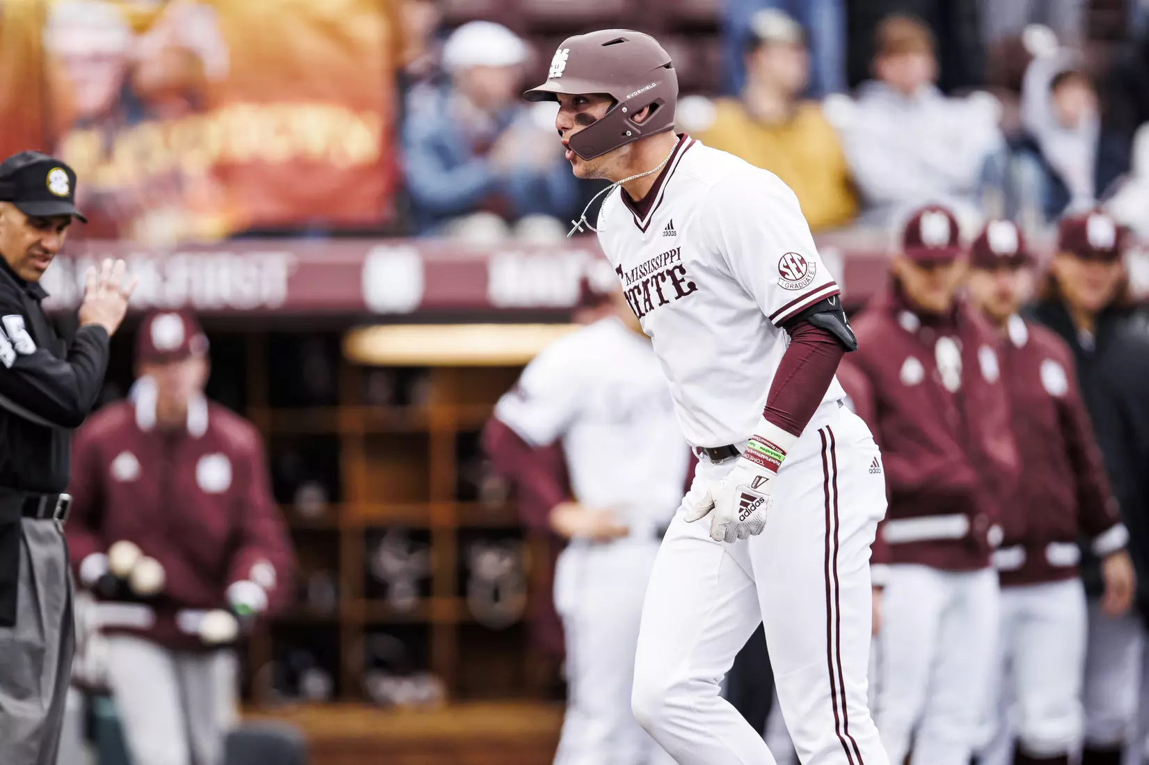 STARKVILLE, MS - February 26, 2022 - Mississippi State Outfielder Brad Cumbest (#33) crosses home plate after a home run during the game between the Northern Kentucky Norse and the Mississippi State Bulldogs at Dudy Noble Field at Polk-Dement Stadium in Starkville, MS. Photo By Kevin Snyder