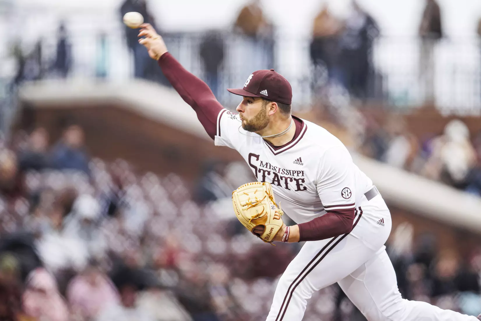 STARKVILLE, MS - February 26, 2022 - Mississippi State Pitcher Preston Johnson (#35) during the game between the Northern Kentucky Norse and the Mississippi State Bulldogs at Dudy Noble Field at Polk-Dement Stadium in Starkville, MS. Photo By Kevin Snyder