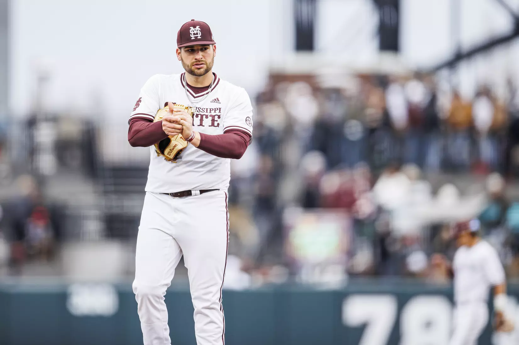 STARKVILLE, MS - February 26, 2022 - Mississippi State Pitcher Preston Johnson (#35) during the game between the Northern Kentucky Norse and the Mississippi State Bulldogs at Dudy Noble Field at Polk-Dement Stadium in Starkville, MS. Photo By Kevin Snyder