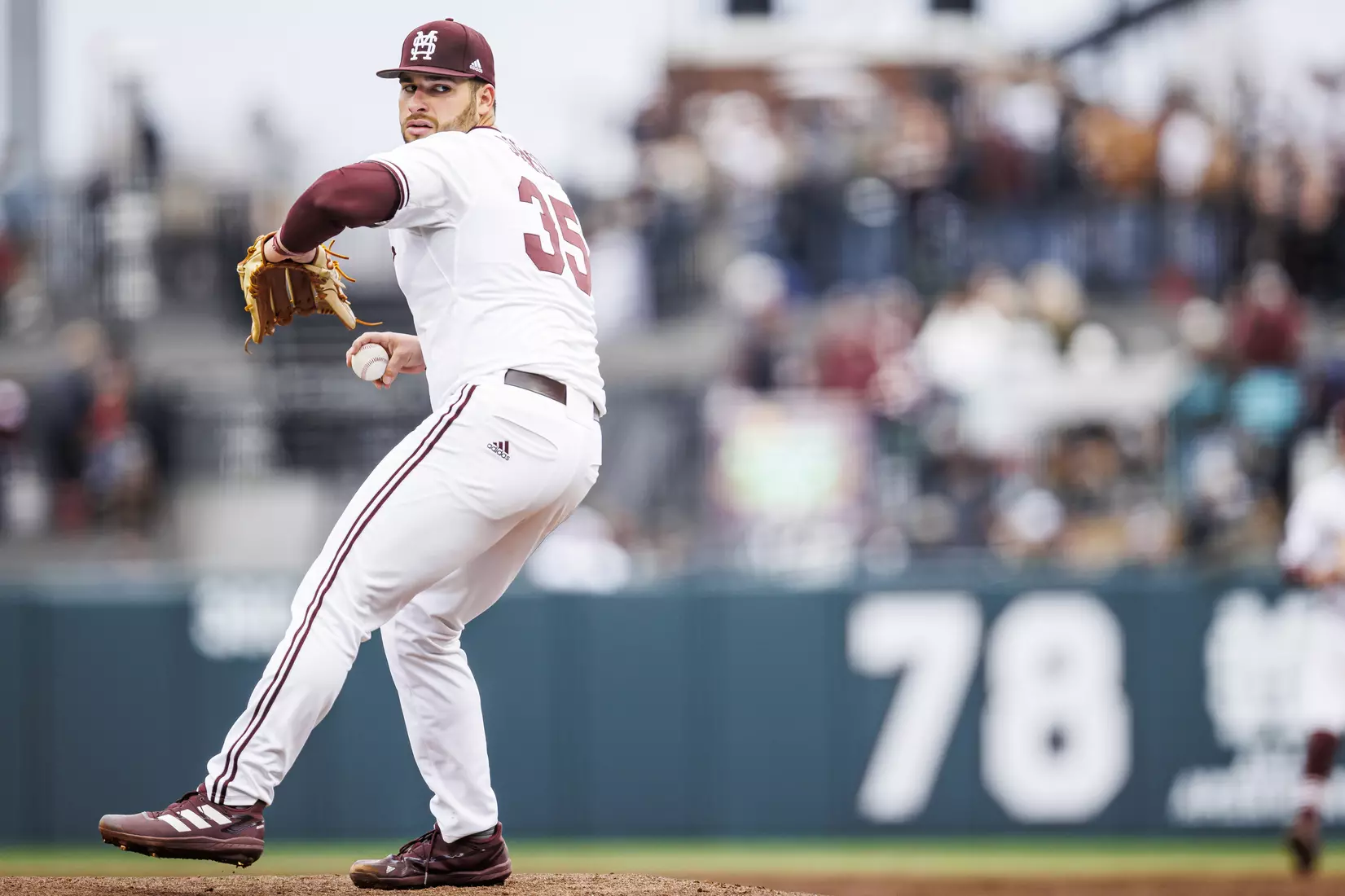 STARKVILLE, MS - February 26, 2022 - Mississippi State Pitcher Preston Johnson (#35) during the game between the Northern Kentucky Norse and the Mississippi State Bulldogs at Dudy Noble Field at Polk-Dement Stadium in Starkville, MS. Photo By Kevin Snyder