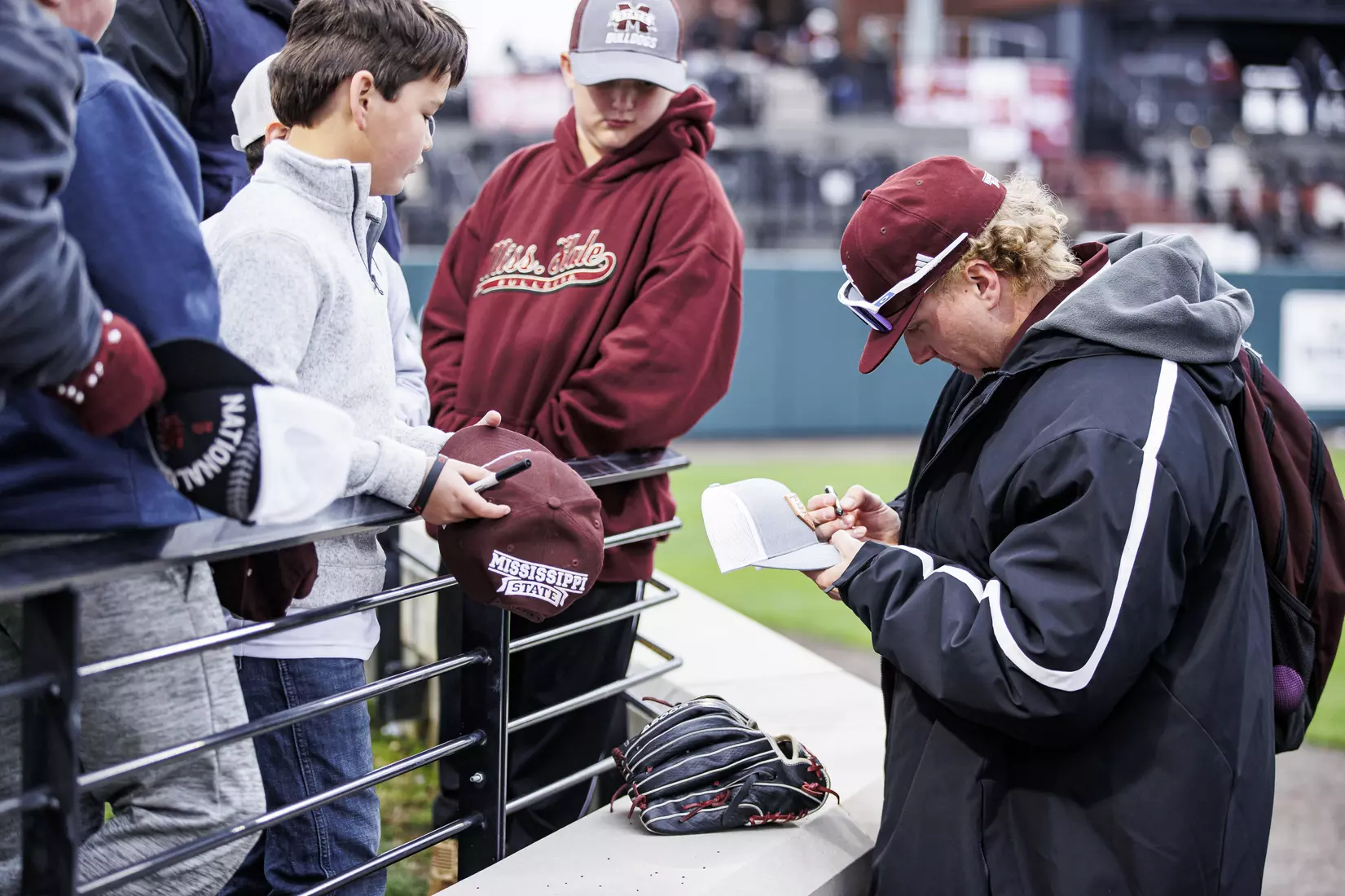 STARKVILLE, MS - February 26, 2022 - Mississippi State Pitcher Drew Talley (#47) signs autographs after the game between the Northern Kentucky Norse and the Mississippi State Bulldogs at Dudy Noble Field at Polk-Dement Stadium in Starkville, MS. Photo By Kevin Snyder