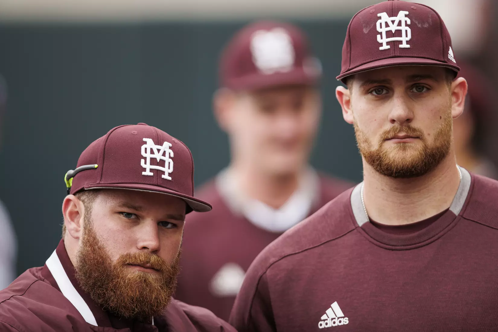 STARKVILLE, MS - February 27, 2022 - Mississippi State Student Manager Gavin Schmidt and Pitcher Stone Simmons (#17) before the game between the Northern Kentucky Norse and the Mississippi State Bulldogs at Dudy Noble Field at Polk-Dement Stadium in Starkville, MS. Photo By KC Hunt