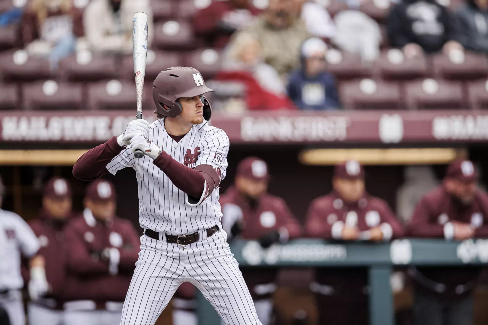 STARKVILLE, MS - February 27, 2022 - Mississippi State Infielder/Outfielder Matt Corder (#14) during the game between the Northern Kentucky Norse and the Mississippi State Bulldogs at Dudy Noble Field at Polk-Dement Stadium in Starkville, MS. Photo By Austin Perryman