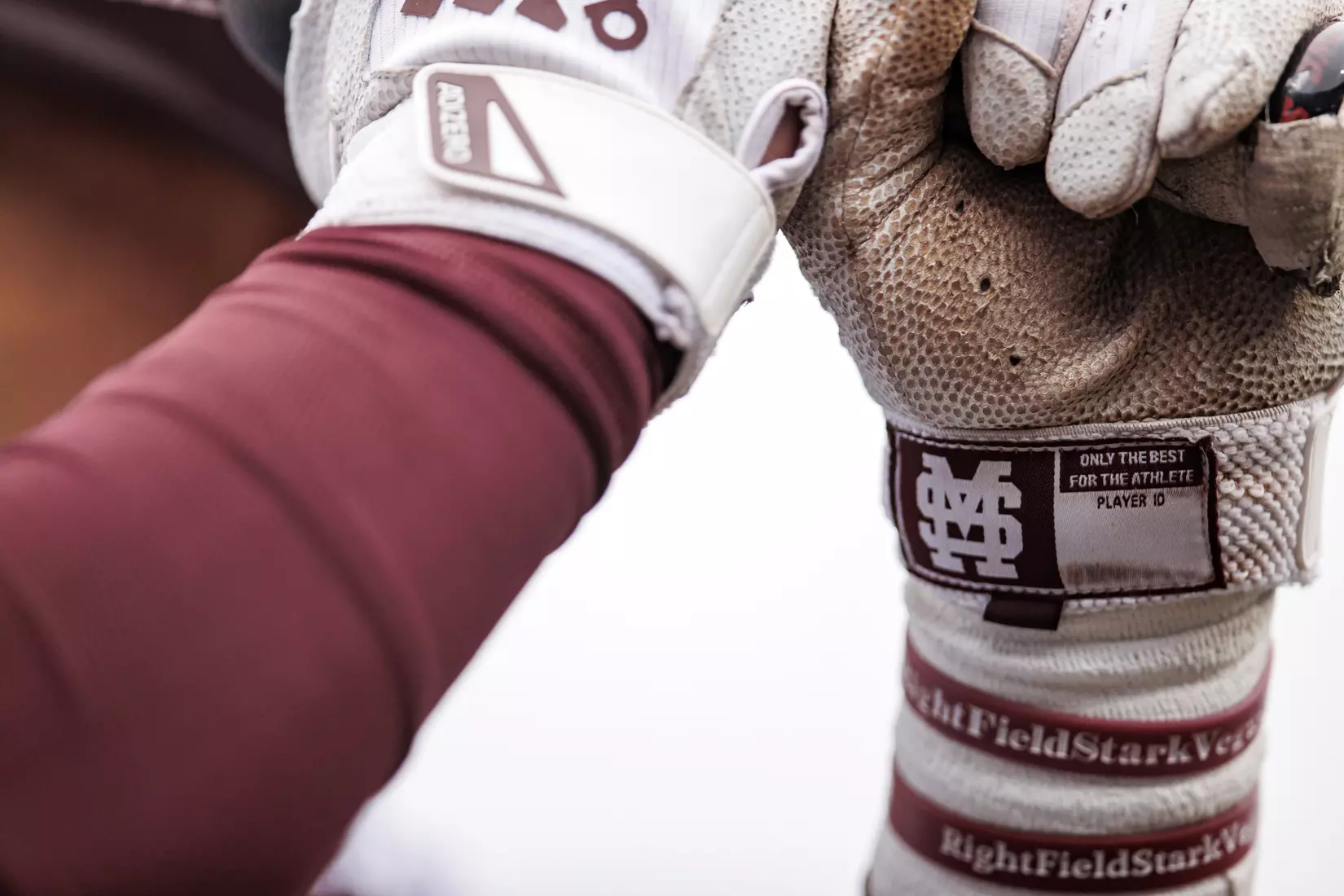 STARKVILLE, MS - February 27, 2022 - M over S logo batting gloves during the game between the Northern Kentucky Norse and the Mississippi State Bulldogs at Dudy Noble Field at Polk-Dement Stadium in Starkville, MS. Photo By Austin Perryman