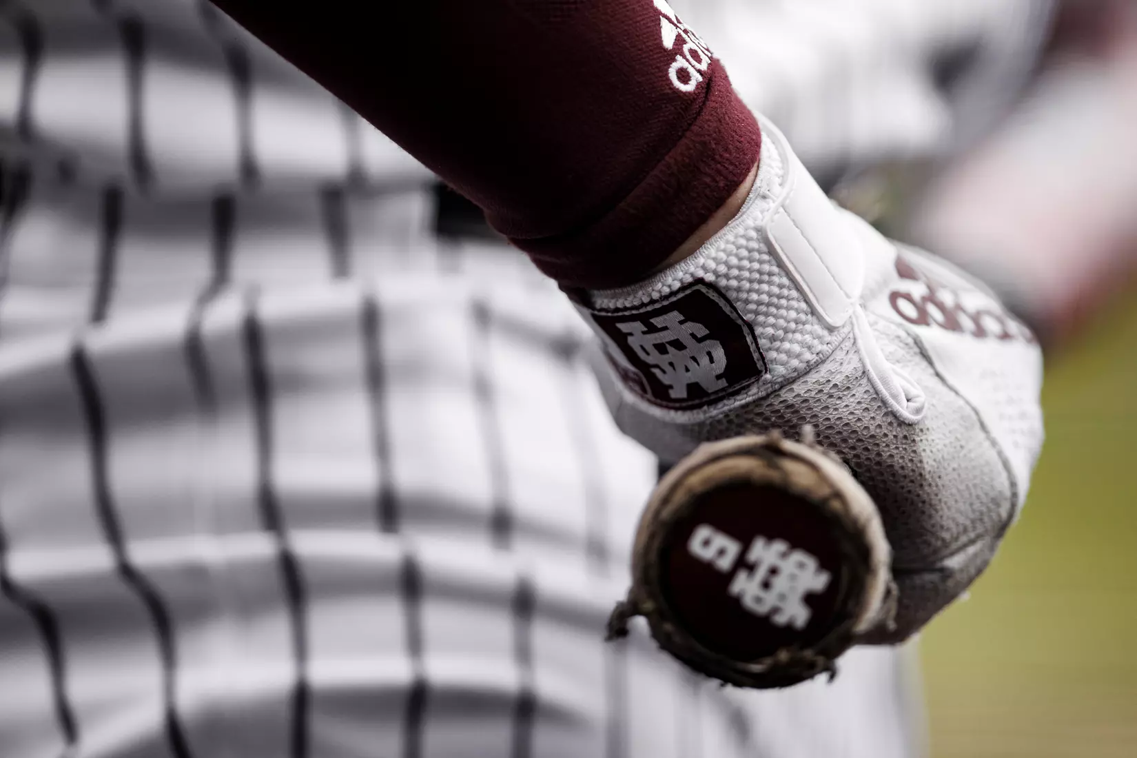 STARKVILLE, MS - February 27, 2022 - M over S logo batting gloves during the game between the Northern Kentucky Norse and the Mississippi State Bulldogs at Dudy Noble Field at Polk-Dement Stadium in Starkville, MS. Photo By Austin Perryman