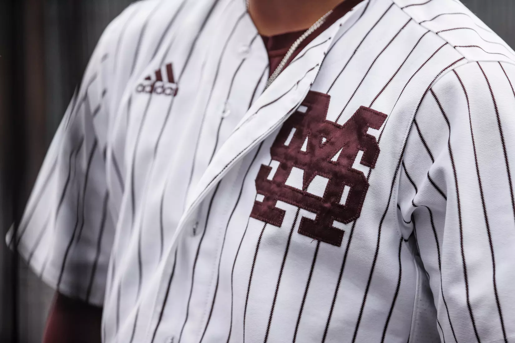 STARKVILLE, MS - February 27, 2022 - M over S uniform logo during the game between the Northern Kentucky Norse and the Mississippi State Bulldogs at Dudy Noble Field at Polk-Dement Stadium in Starkville, MS. Photo By Austin Perryman