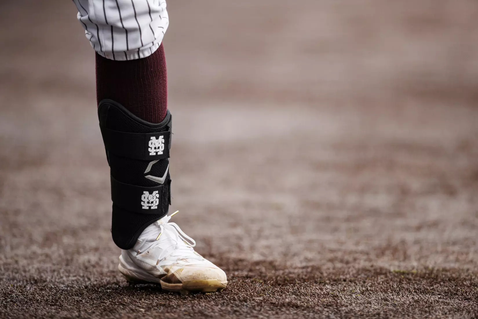 STARKVILLE, MS - February 27, 2022 - Mississippi State Catcher Logan Tanner’s (#19) shin guards during the game between the Northern Kentucky Norse and the Mississippi State Bulldogs at Dudy Noble Field at Polk-Dement Stadium in Starkville, MS. Photo By Austin Perryman