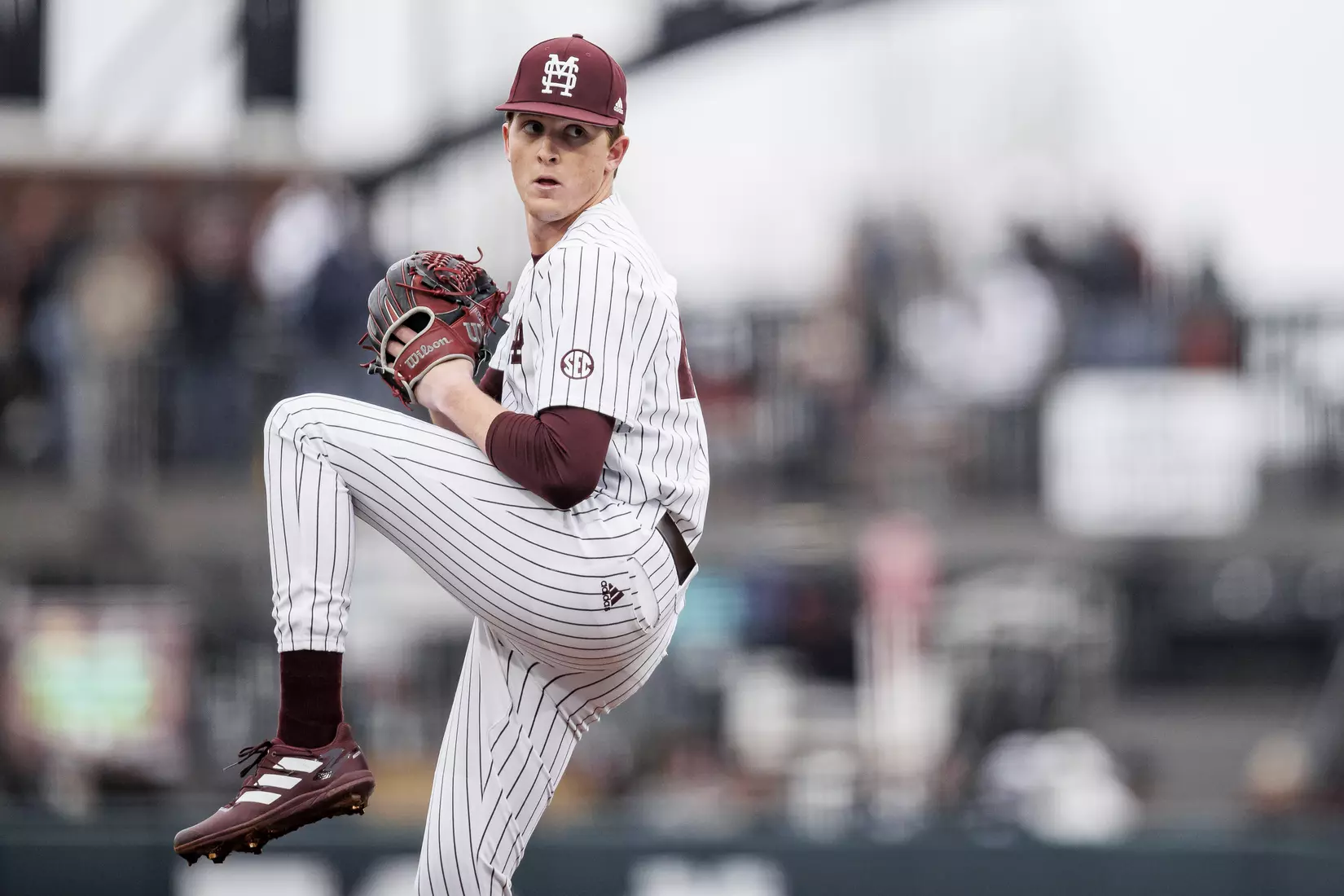 STARKVILLE, MS - February 27, 2022 - Mississippi State Pitcher Brooks Auger (#48) during the game between the Northern Kentucky Norse and the Mississippi State Bulldogs at Dudy Noble Field at Polk-Dement Stadium in Starkville, MS. Photo By Austin Perryman