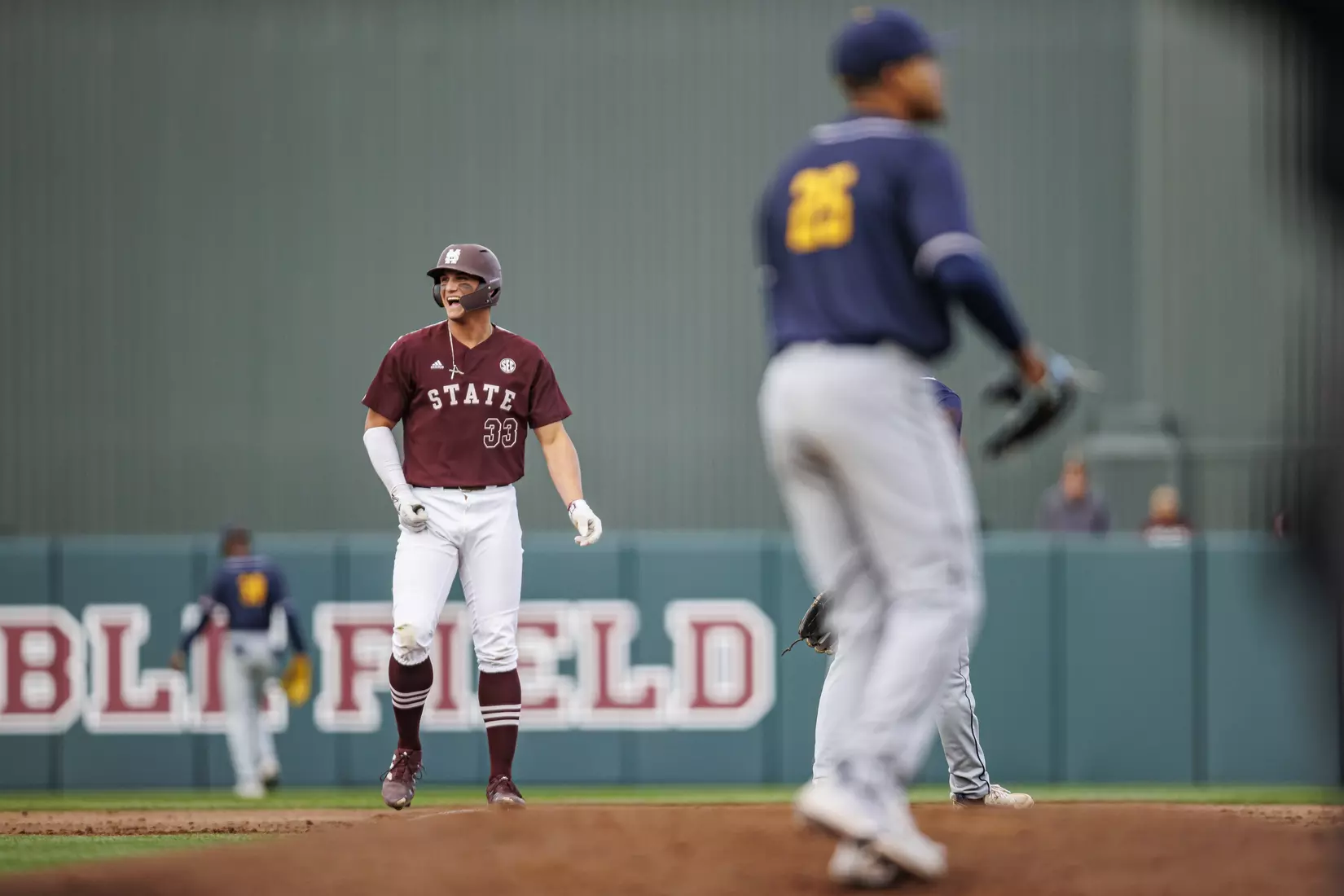STARKVILLE, MS - March 23, 2022 - Mississippi State Outfielder Brad Cumbest (#33) celebrates during the game between the Southern Jaguars and the Mississippi State Bulldogs at Dudy Noble Field at Polk-Dement Stadium in Starkville, MS. Photo By Austin Perryman