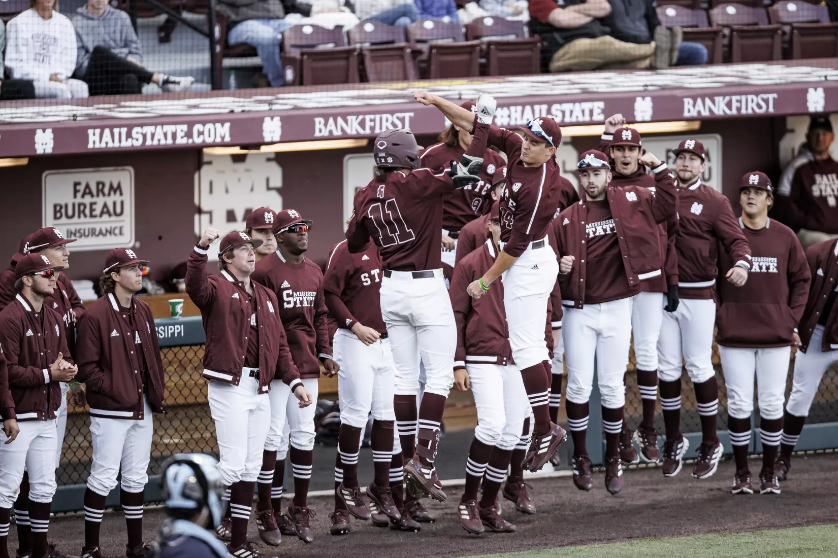 STARKVILLE, MS - March 23, 2022 - Mississippi State Outfielder Kellum Clark (#11) and Infielder/Outfielder Matt Corder (#14) during the game between the Southern Jaguars and the Mississippi State Bulldogs at Dudy Noble Field at Polk-Dement Stadium in Starkville, MS. Photo By Austin Perryman