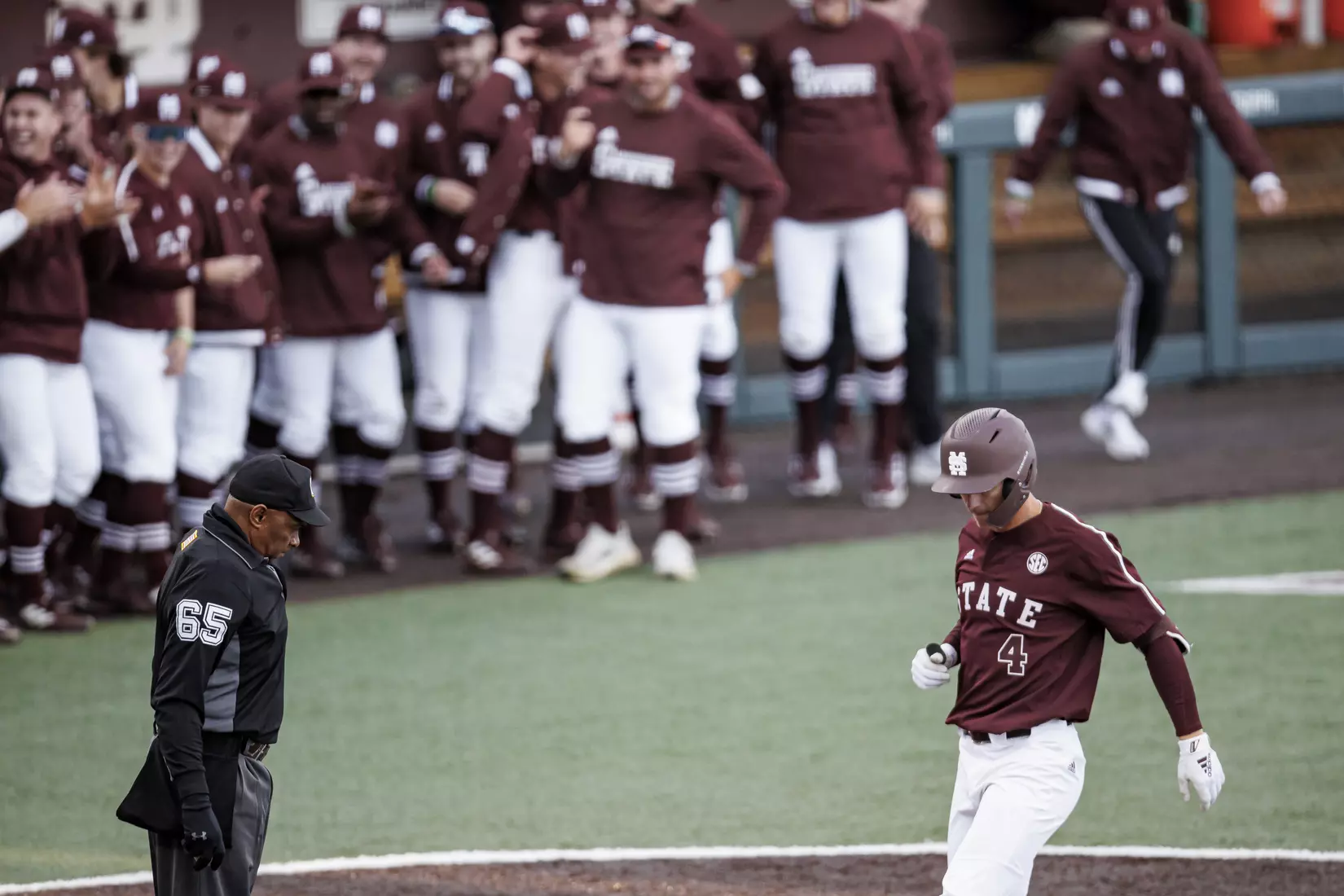 STARKVILLE, MS - March 23, 2022 - Mississippi State Infielder RJ Yeager (#4) touches home plate during the game between the Southern Jaguars and the Mississippi State Bulldogs at Dudy Noble Field at Polk-Dement Stadium in Starkville, MS. Photo By Austin Perryman