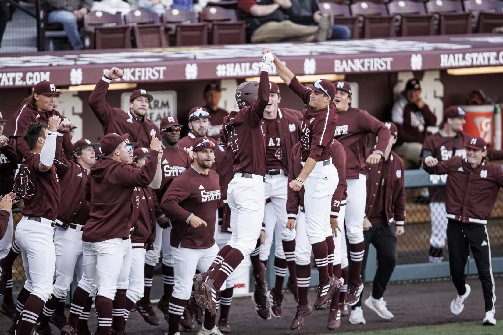 STARKVILLE, MS - March 23, 2022 - Mississippi State Infielder RJ Yeager (#4) and Infielder/Outfielder Matt Corder (#14) celebrate during the game between the Southern Jaguars and the Mississippi State Bulldogs at Dudy Noble Field at Polk-Dement Stadium in Starkville, MS. Photo By Austin Perryman