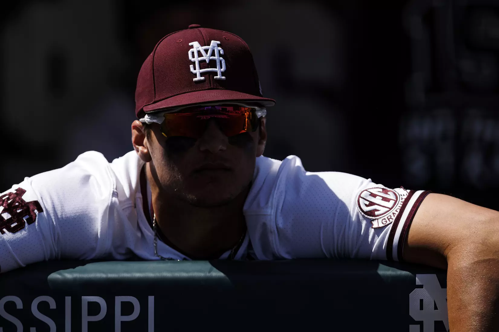 STARKVILLE, MS - March 26, 2022 - Mississippi State M over S logo on the hat of Mississippi State Outfielder Brad Cumbest (#33) before the game between the Alabama Crimson Tide and the Mississippi State Bulldogs at Dudy Noble Field at Polk-Dement Stadium in Starkville, MS. Photo By Kevin Snyder