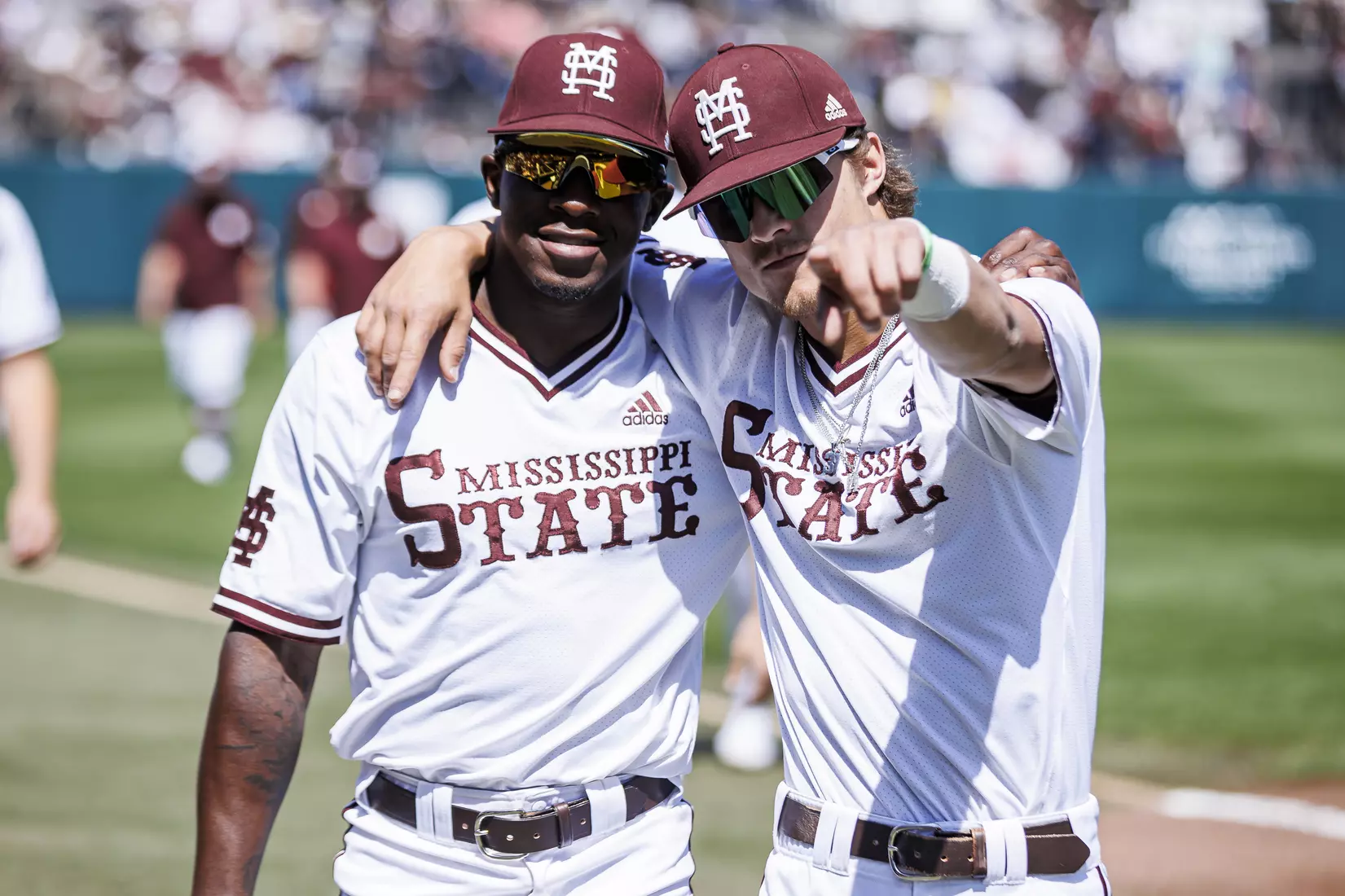 STARKVILLE, MS - March 26, 2022 - Mississippi State Outfielder Brayland Skinner (#36) and Mississippi State Infielder Tanner Leggett (#31) before the game between the Alabama Crimson Tide and the Mississippi State Bulldogs at Dudy Noble Field at Polk-Dement Stadium in Starkville, MS. Photo By Kevin Snyder