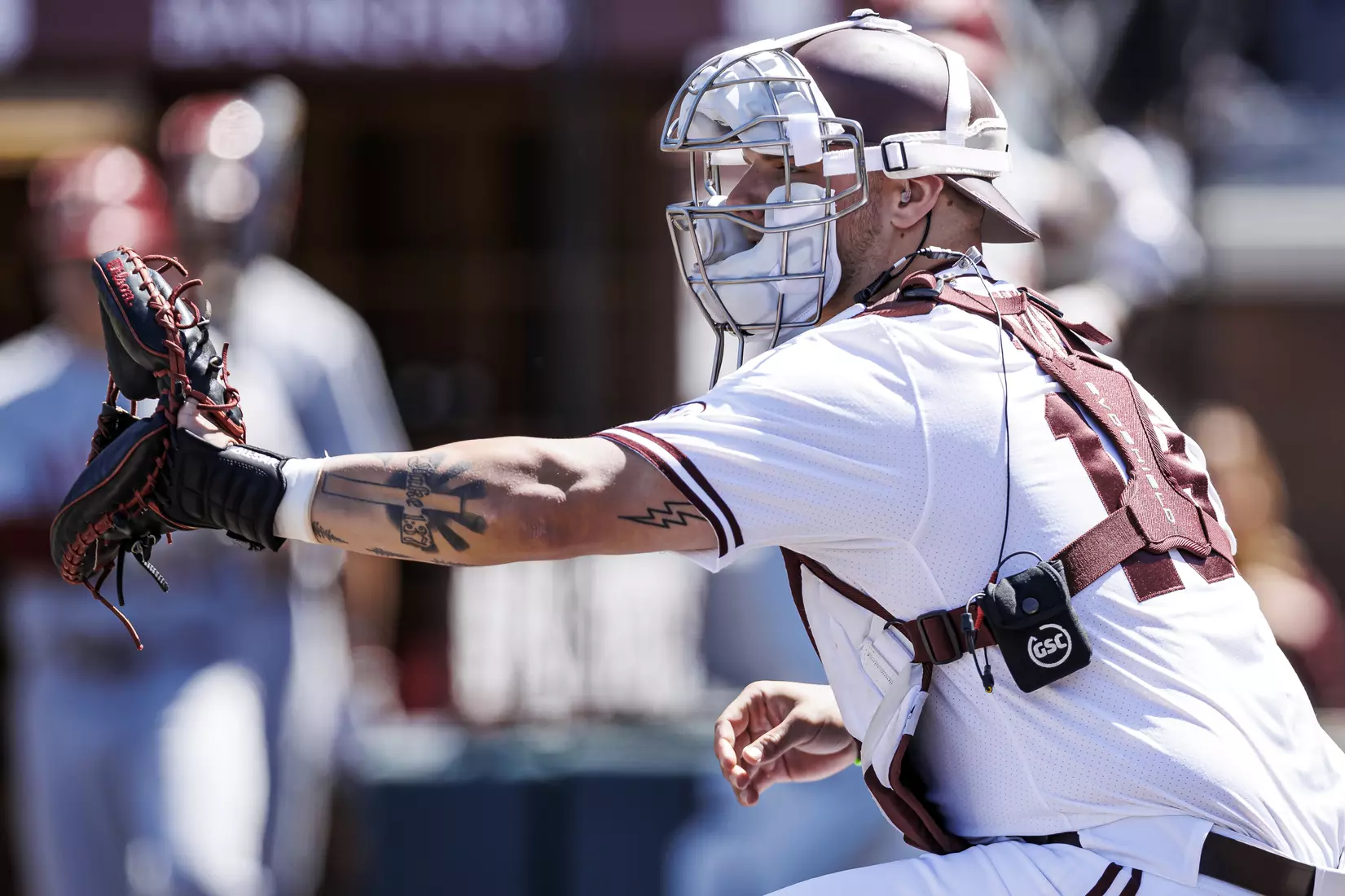 STARKVILLE, MS - March 26, 2022 - Mississippi State Catcher Logan Tanner (#19) during the game between the Alabama Crimson Tide and the Mississippi State Bulldogs at Dudy Noble Field at Polk-Dement Stadium in Starkville, MS. Photo By Kevin Snyder
