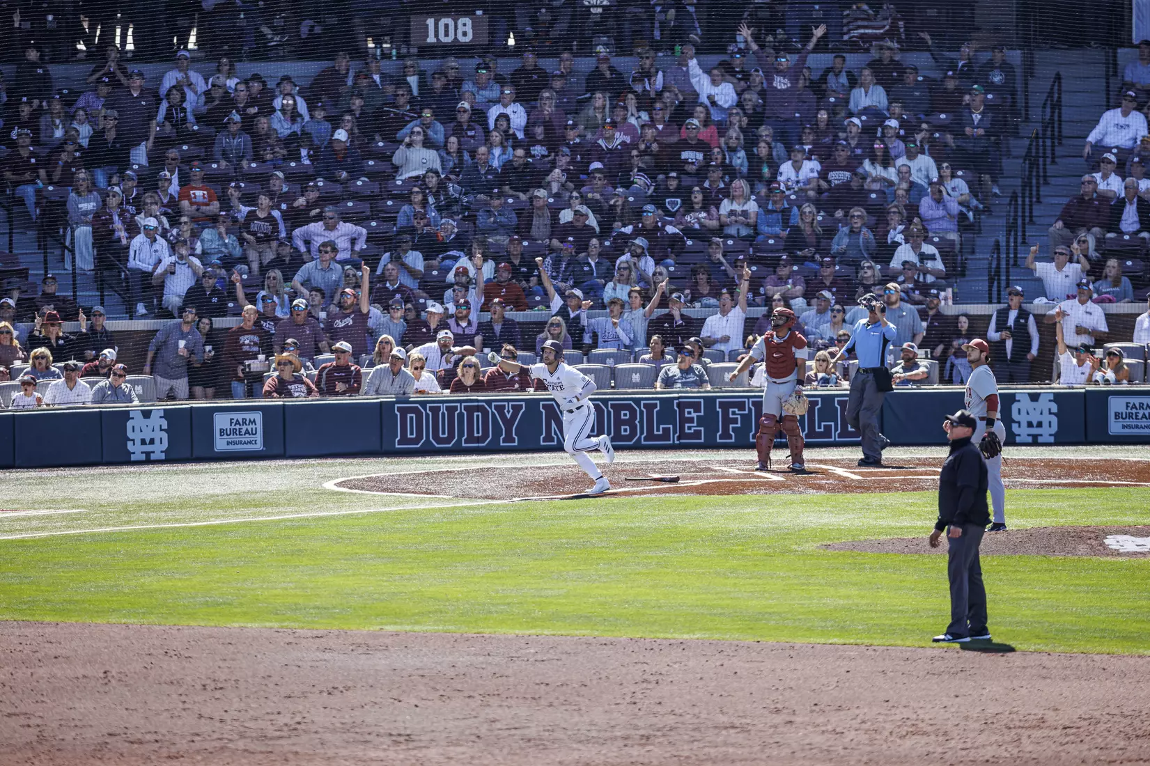 STARKVILLE, MS - March 26, 2022 - Mississippi State Infielder Luke Hancock (#20) hits a home run during the game between the Alabama Crimson Tide and the Mississippi State Bulldogs at Dudy Noble Field at Polk-Dement Stadium in Starkville, MS. Photo By Kevin Snyder