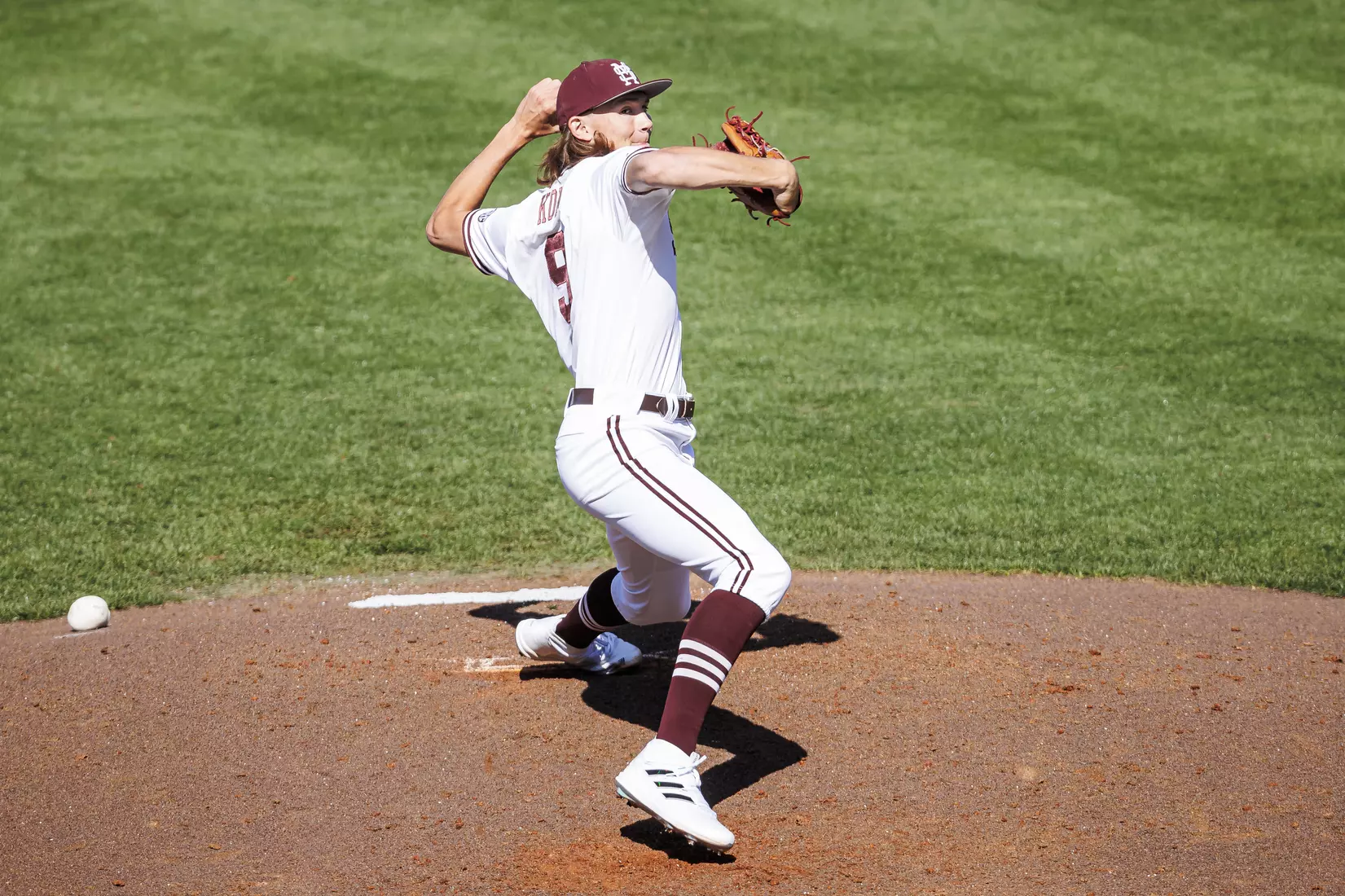 STARKVILLE, MS - March 26, 2022 - Mississippi State Pitcher Pico Kohn (#9) during the game between the Alabama Crimson Tide and the Mississippi State Bulldogs at Dudy Noble Field at Polk-Dement Stadium in Starkville, MS. Photo By Kevin Snyder