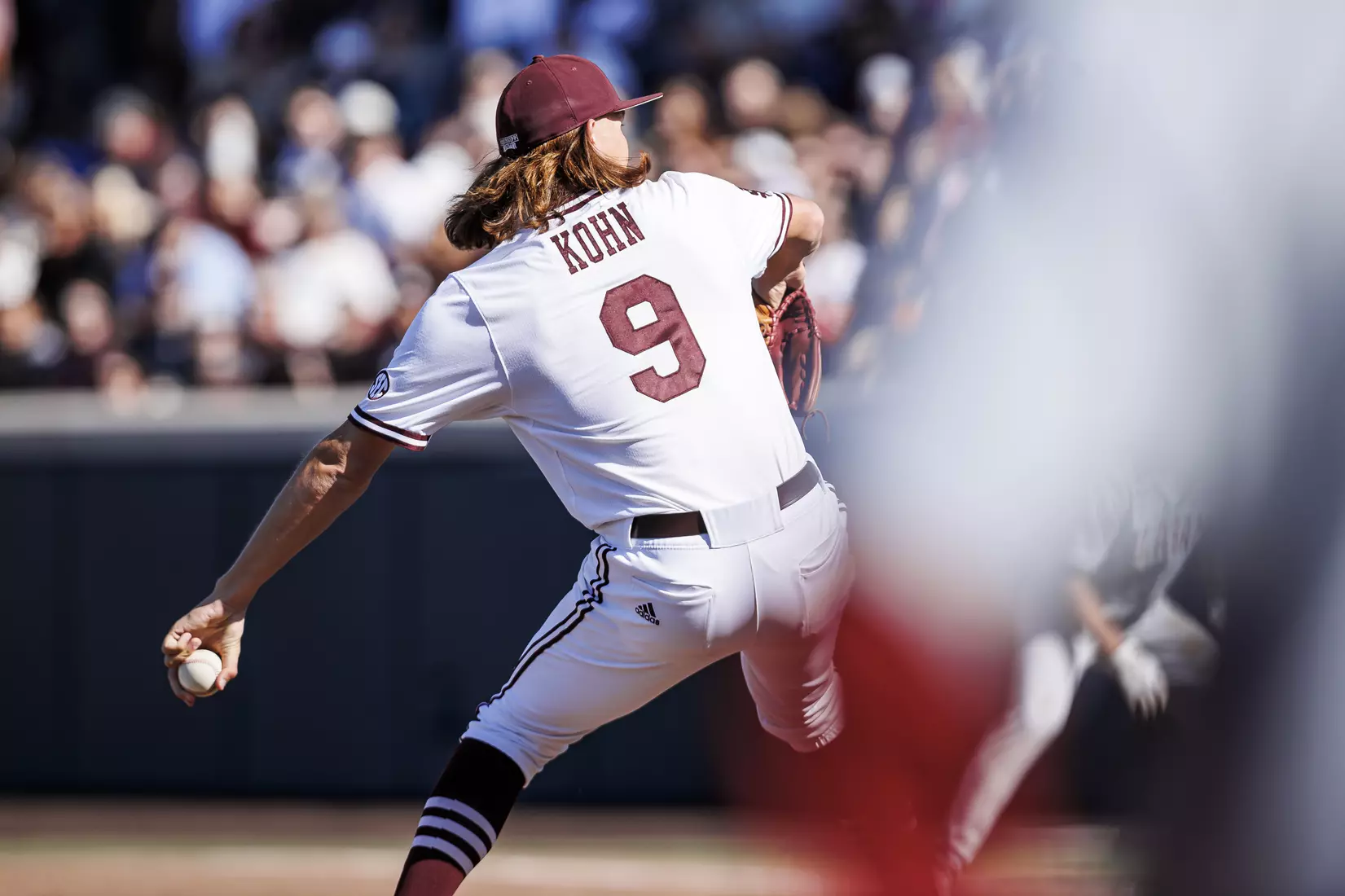 STARKVILLE, MS - March 26, 2022 - Mississippi State Pitcher Pico Kohn (#9) during the game between the Alabama Crimson Tide and the Mississippi State Bulldogs at Dudy Noble Field at Polk-Dement Stadium in Starkville, MS. Photo By Kevin Snyder