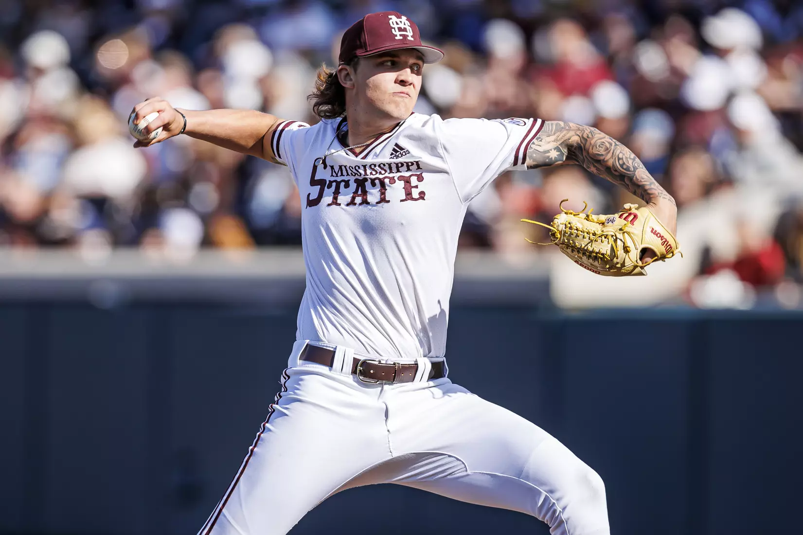 STARKVILLE, MS - March 26, 2022 - Mississippi State Pitcher Jackson Fristoe (#27) during the game between the Alabama Crimson Tide and the Mississippi State Bulldogs at Dudy Noble Field at Polk-Dement Stadium in Starkville, MS. Photo By Kevin Snyder
