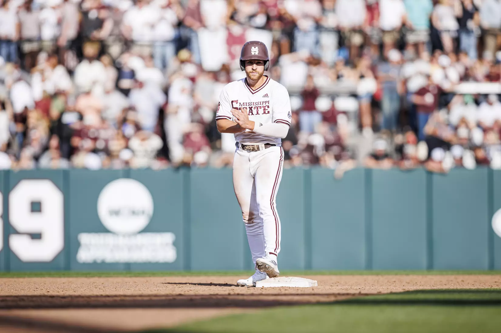 STARKVILLE, MS - March 26, 2022 - Mississippi State Infielder Luke Hancock (#20) during the game between the Alabama Crimson Tide and the Mississippi State Bulldogs at Dudy Noble Field at Polk-Dement Stadium in Starkville, MS. Photo By Kevin Snyder