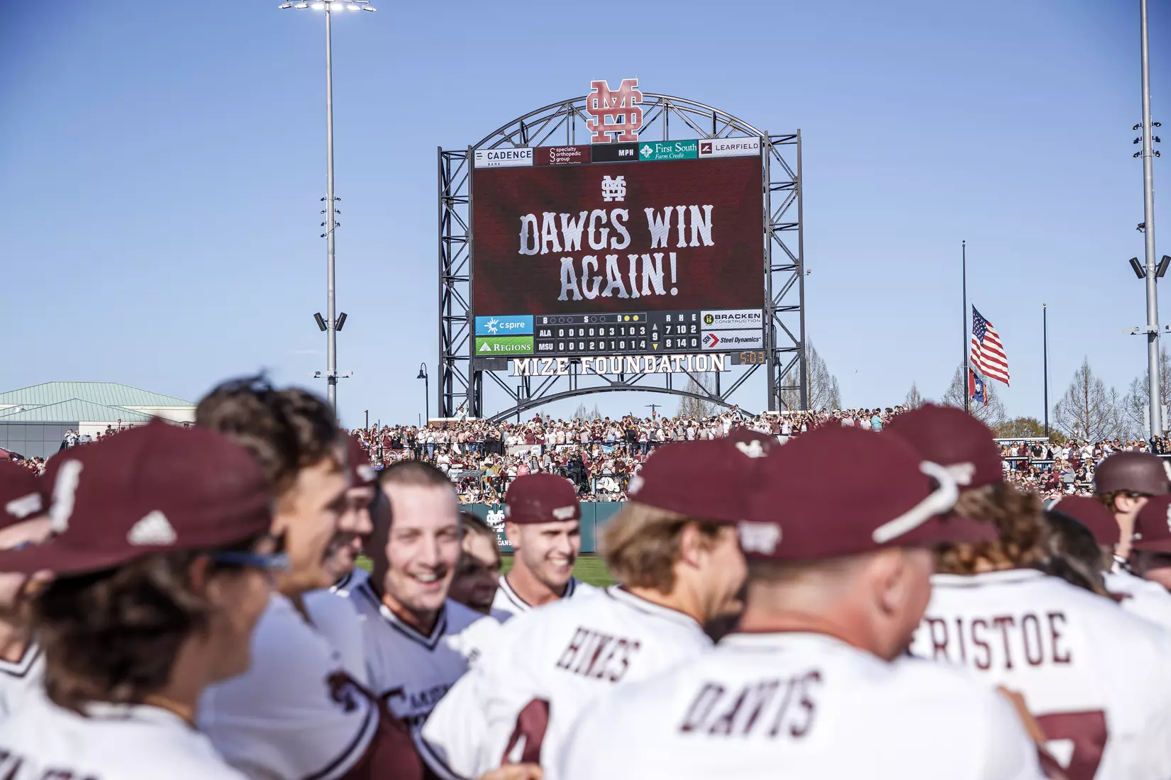 STARKVILLE, MS - March 26, 2022 - Dawgs Win Again sign on the scoreboard after the game between the Alabama Crimson Tide and the Mississippi State Bulldogs at Dudy Noble Field at Polk-Dement Stadium in Starkville, MS. Photo By Kevin Snyder