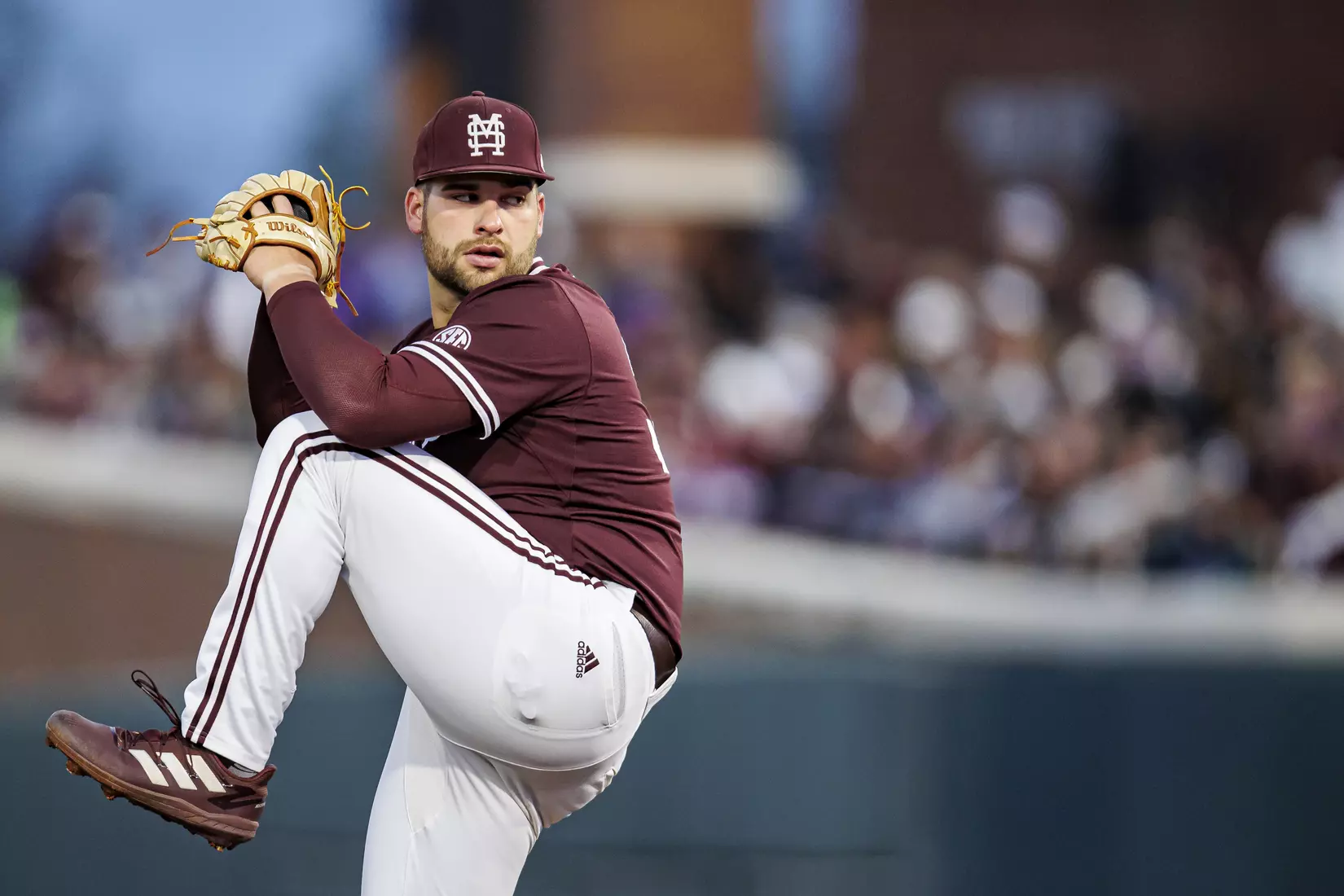 STARKVILLE, MS - April 08, 2022 - Mississippi State Pitcher Preston Johnson (#35) during the game between the LSU Tigers and the Mississippi State Bulldogs at Dudy Noble Field at Polk-Dement Stadium in Starkville, MS. Photo By Austin Perryman