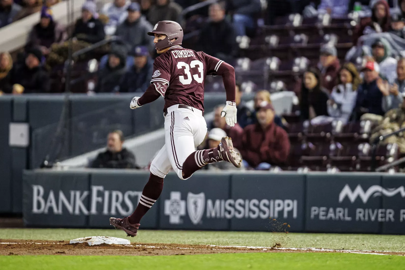 STARKVILLE, MS - April 08, 2022 - Mississippi State Outfielder Brad Cumbest (#33) during the game between the LSU Tigers and the Mississippi State Bulldogs at Dudy Noble Field at Polk-Dement Stadium in Starkville, MS. Photo By Austin Perryman