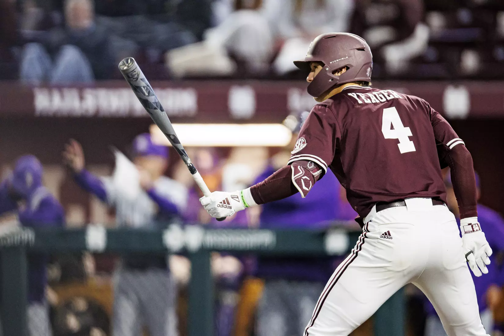 STARKVILLE, MS - April 08, 2022 - Mississippi State Infielder RJ Yeager (#4) during the game between the LSU Tigers and the Mississippi State Bulldogs at Dudy Noble Field at Polk-Dement Stadium in Starkville, MS. Photo By Austin Perryman