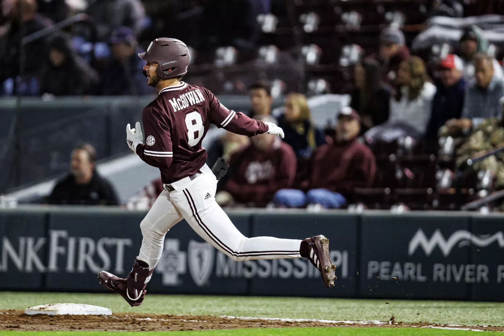 STARKVILLE, MS - April 08, 2022 - Mississippi State Outfielder Drew McGowan (#8) during the game between the LSU Tigers and the Mississippi State Bulldogs at Dudy Noble Field at Polk-Dement Stadium in Starkville, MS. Photo By Austin Perryman