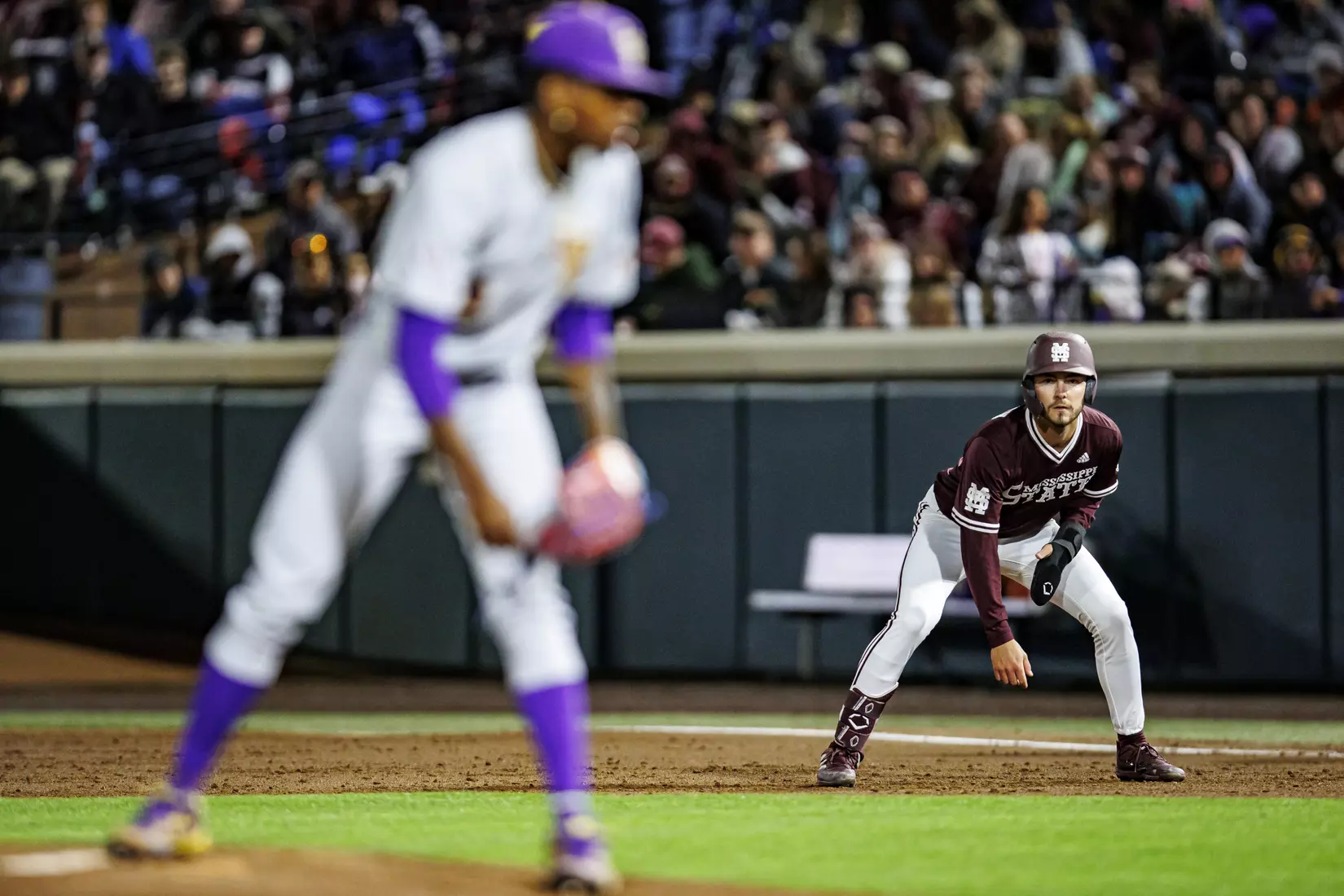 STARKVILLE, MS - April 08, 2022 - Mississippi State Outfielder Drew McGowan (#8) during the game between the LSU Tigers and the Mississippi State Bulldogs at Dudy Noble Field at Polk-Dement Stadium in Starkville, MS. Photo By Austin Perryman