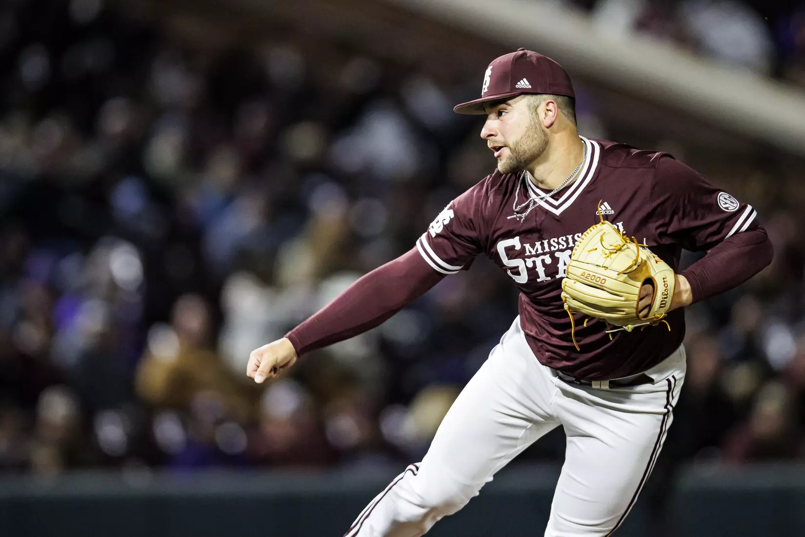 STARKVILLE, MS - April 08, 2022 - Mississippi State Pitcher Preston Johnson (#35) during the game between the LSU Tigers and the Mississippi State Bulldogs at Dudy Noble Field at Polk-Dement Stadium in Starkville, MS. Photo By Austin Perryman