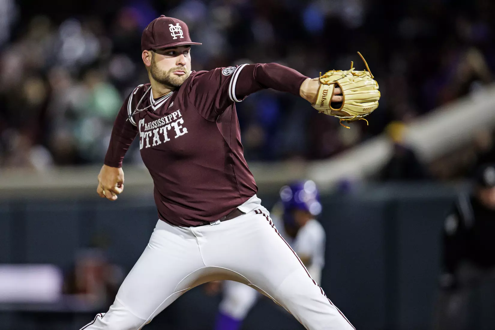 STARKVILLE, MS - April 08, 2022 - Mississippi State Pitcher Preston Johnson (#35) during the game between the LSU Tigers and the Mississippi State Bulldogs at Dudy Noble Field at Polk-Dement Stadium in Starkville, MS. Photo By Austin Perryman
