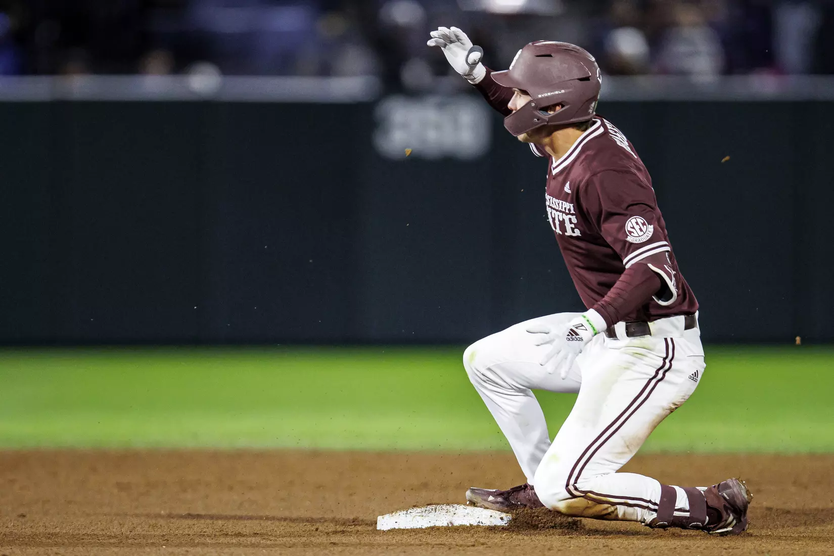STARKVILLE, MS - April 08, 2022 - Mississippi State Infielder RJ Yeager (#4) celebrates during the game between the LSU Tigers and the Mississippi State Bulldogs at Dudy Noble Field at Polk-Dement Stadium in Starkville, MS. Photo By Austin Perryman