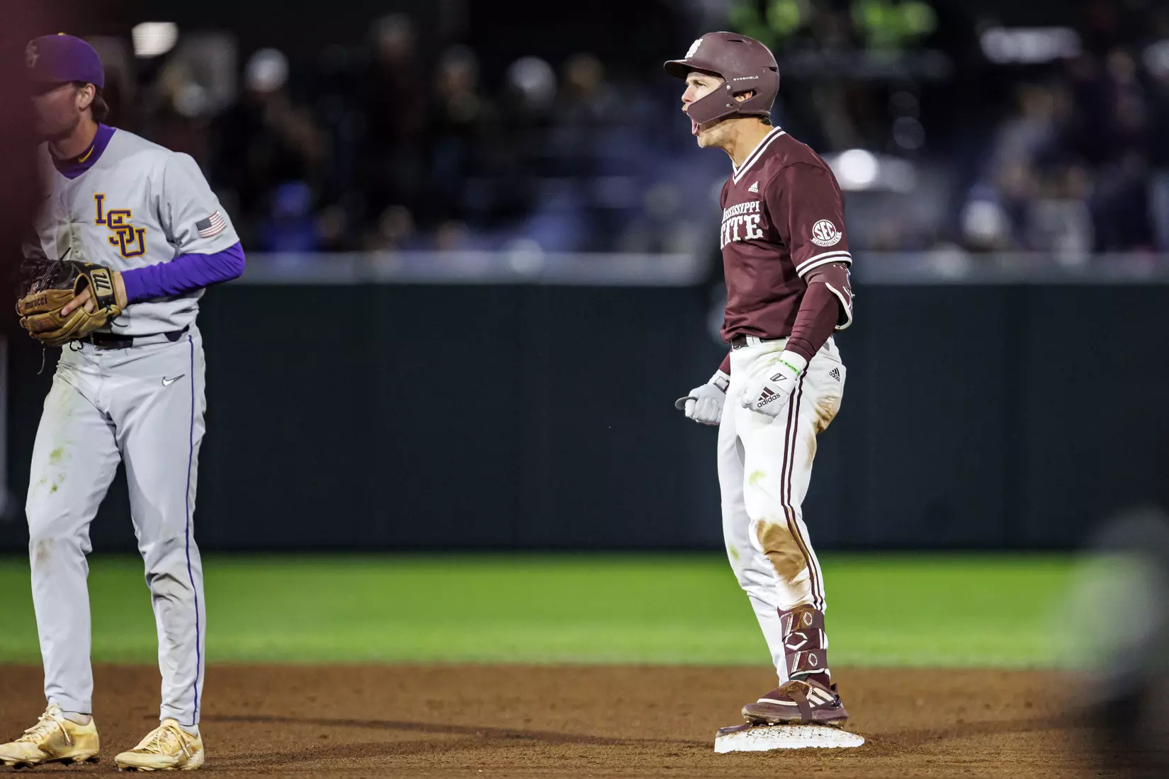 STARKVILLE, MS - April 08, 2022 - Mississippi State Infielder RJ Yeager (#4) celebrates during the game between the LSU Tigers and the Mississippi State Bulldogs at Dudy Noble Field at Polk-Dement Stadium in Starkville, MS. Photo By Austin Perryman