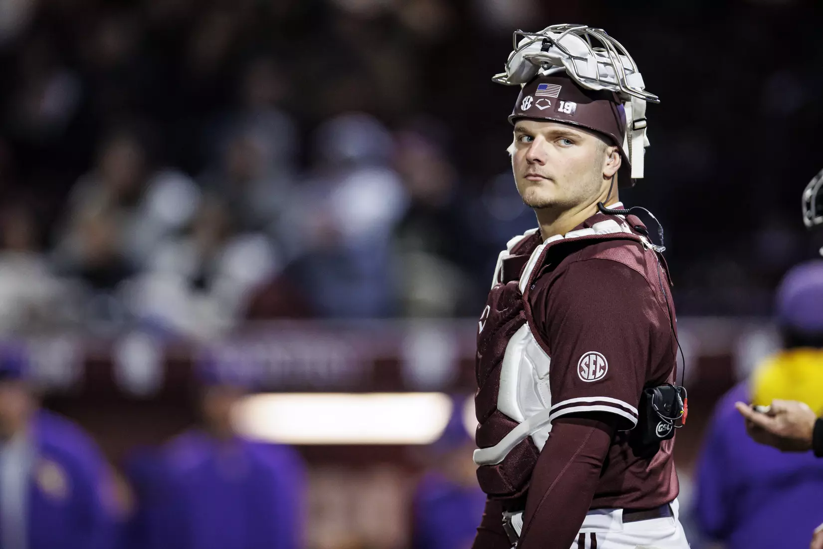 STARKVILLE, MS - April 08, 2022 - Mississippi State Catcher Logan Tanner (#19) during the game between the LSU Tigers and the Mississippi State Bulldogs at Dudy Noble Field at Polk-Dement Stadium in Starkville, MS. Photo By Austin Perryman