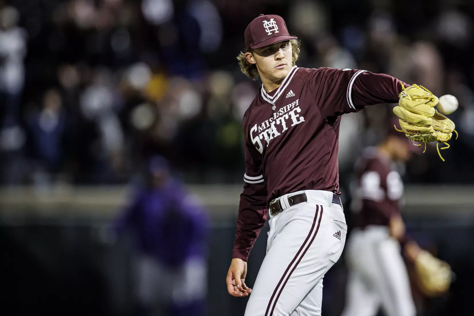 STARKVILLE, MS - April 08, 2022 - Mississippi State Pitcher Jackson Fristoe (#27) during the game between the LSU Tigers and the Mississippi State Bulldogs at Dudy Noble Field at Polk-Dement Stadium in Starkville, MS. Photo By Austin Perryman