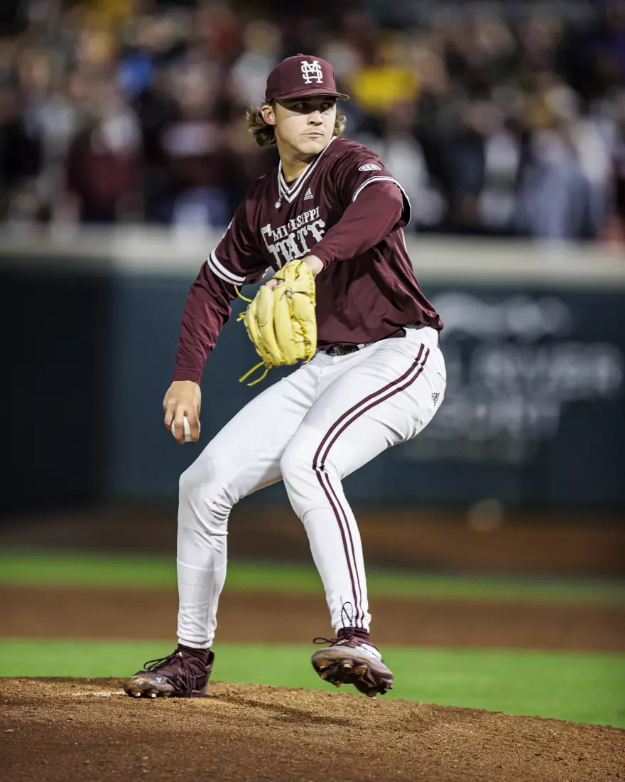 STARKVILLE, MS - April 08, 2022 - Mississippi State Pitcher Jackson Fristoe (#27) during the game between the LSU Tigers and the Mississippi State Bulldogs at Dudy Noble Field at Polk-Dement Stadium in Starkville, MS. Photo By Austin Perryman