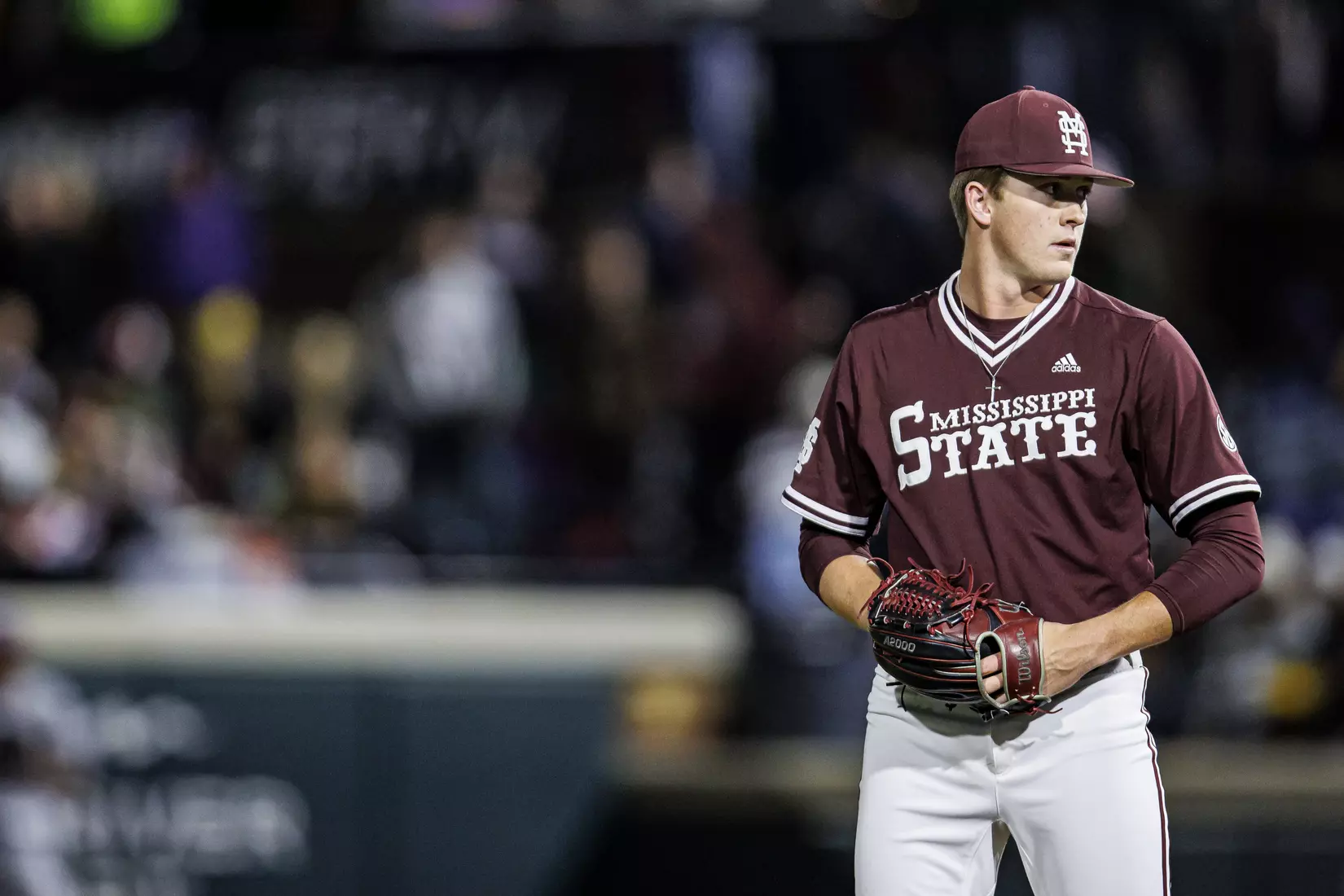 STARKVILLE, MS - April 08, 2022 - Mississippi State Pitcher Brooks Auger (#48) during the game between the LSU Tigers and the Mississippi State Bulldogs at Dudy Noble Field at Polk-Dement Stadium in Starkville, MS. Photo By Austin Perryman