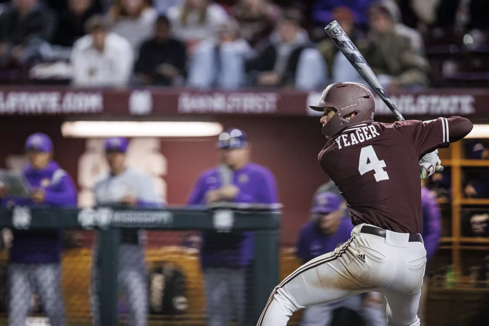 STARKVILLE, MS - April 08, 2022 - Mississippi State Infielder RJ Yeager (#4) during the game between the LSU Tigers and the Mississippi State Bulldogs at Dudy Noble Field at Polk-Dement Stadium in Starkville, MS. Photo By Austin Perryman