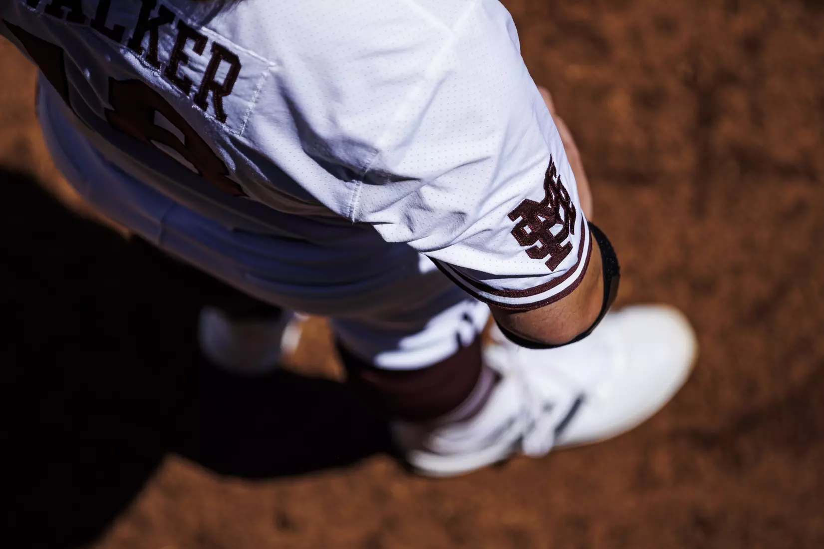 STARKVILLE, MS - April 09, 2022 - Mississippi State M over S logo on the sleeve of a jersey before the game between the LSU Tigers and the Mississippi State Bulldogs at Dudy Noble Field at Polk-Dement Stadium in Starkville, MS. Photo By Mississippi State Athletics