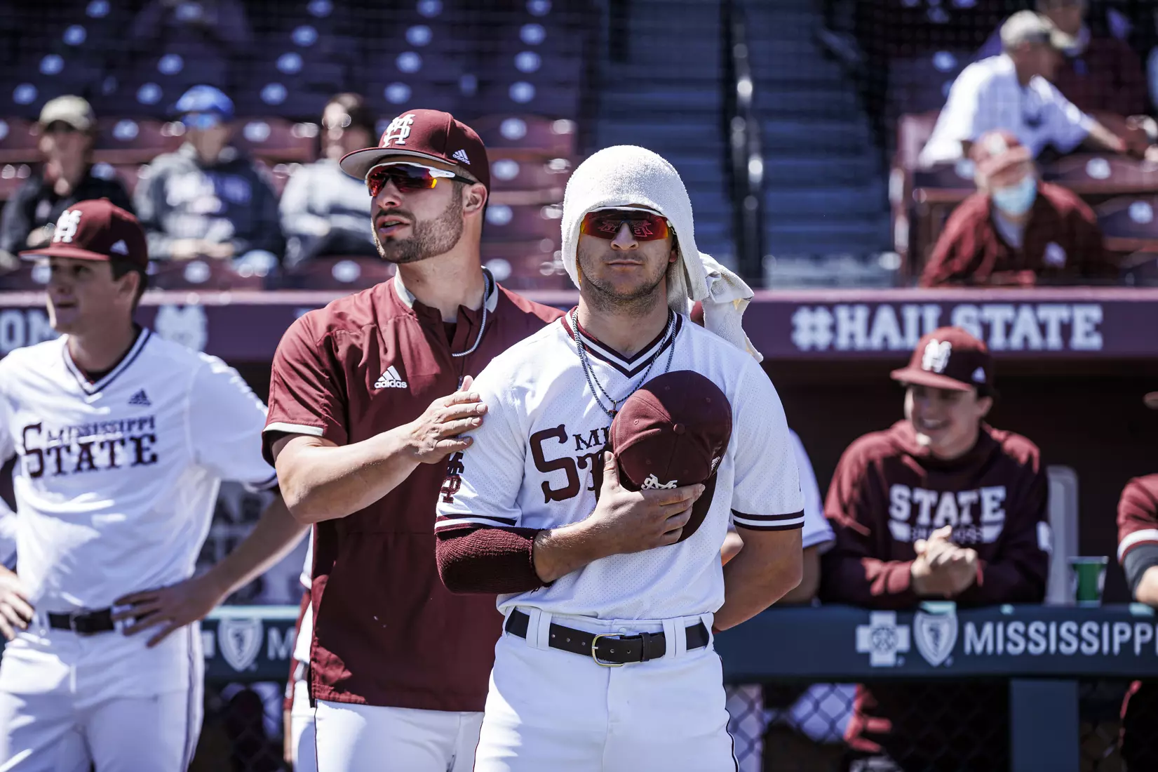 STARKVILLE, MS - April 09, 2022 - Mississippi State Pitcher Preston Johnson (#35) and Mississippi State Infielder Davis Meche (#12) before the game between the LSU Tigers and the Mississippi State Bulldogs at Dudy Noble Field at Polk-Dement Stadium in Starkville, MS. Photo By Mississippi State Athletics